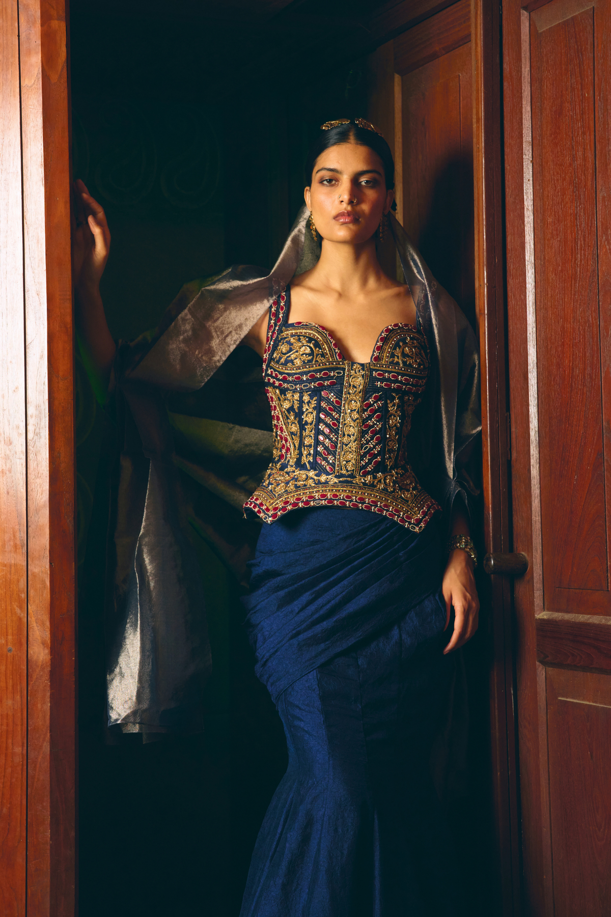 Manikari Navy blue corset with drape