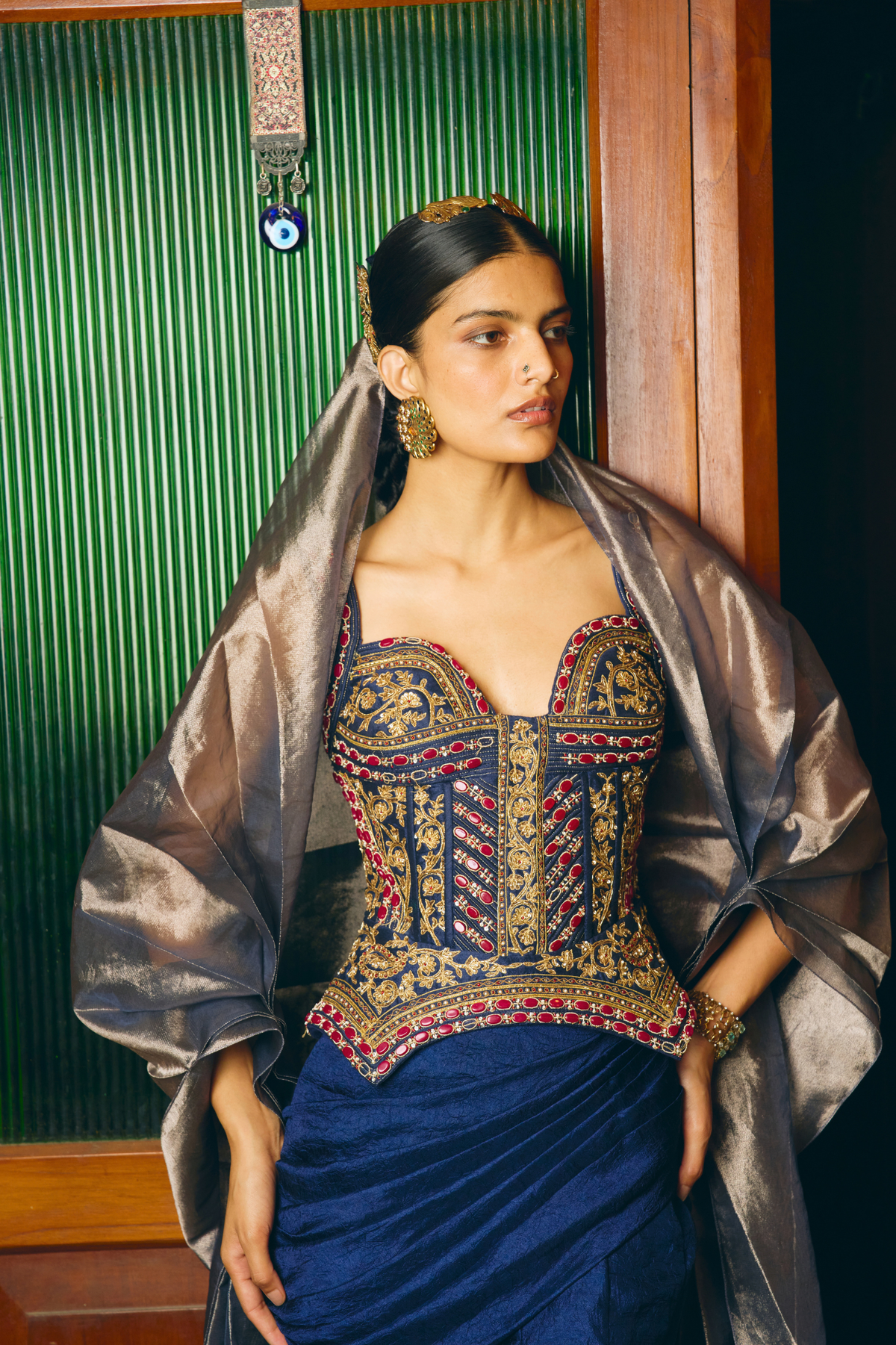 Manikari Navy blue corset with drape