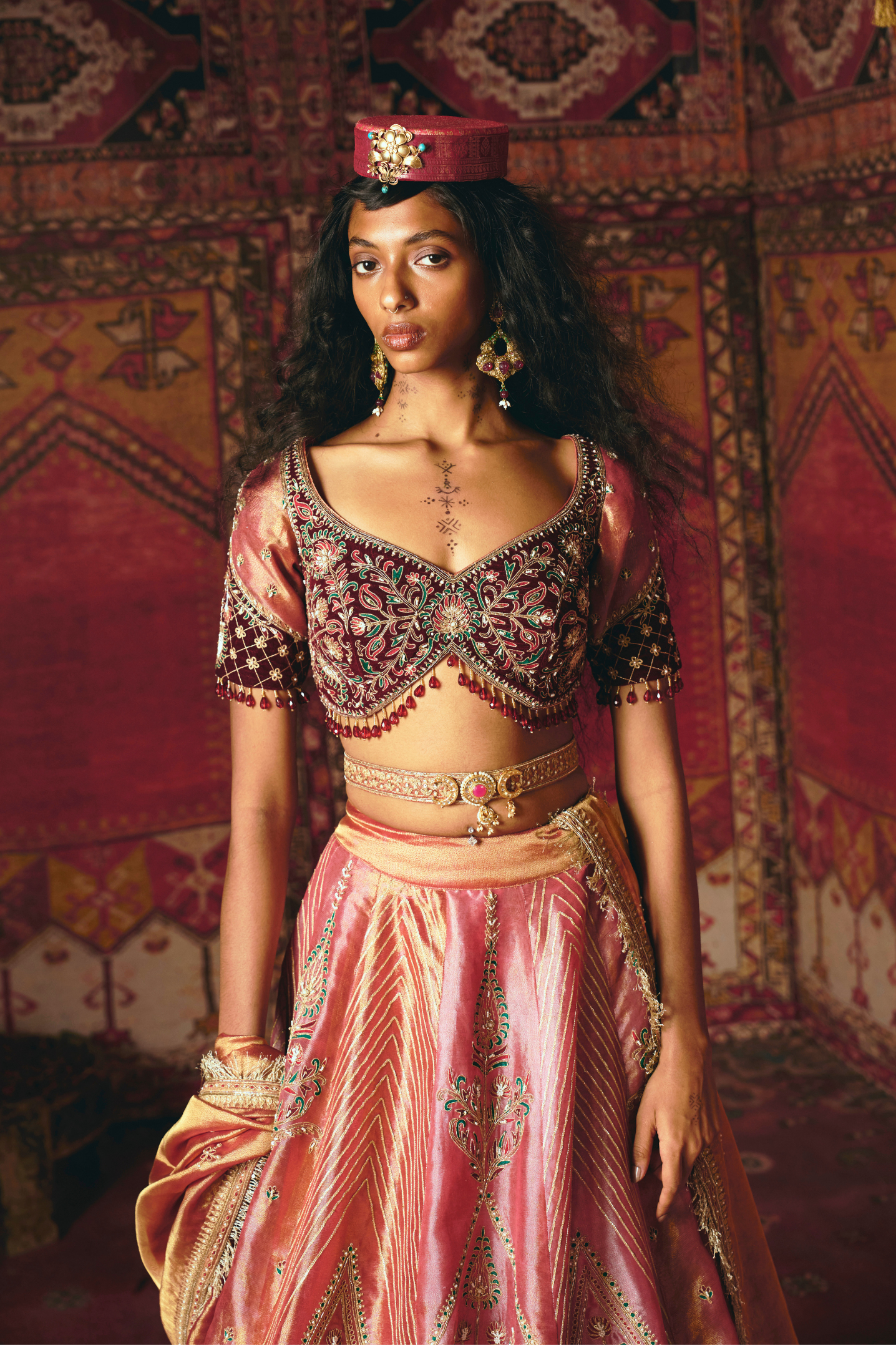 Blush Pink Pure Tissue and Maroon Velvet Lehenga Set