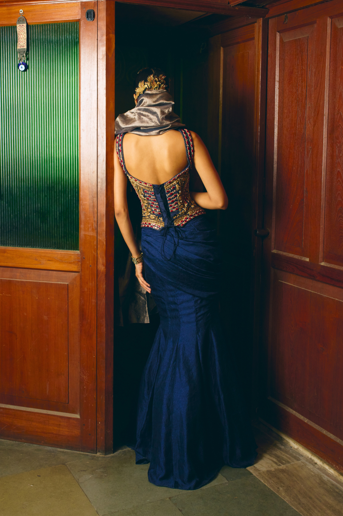Manikari Navy blue corset with drape