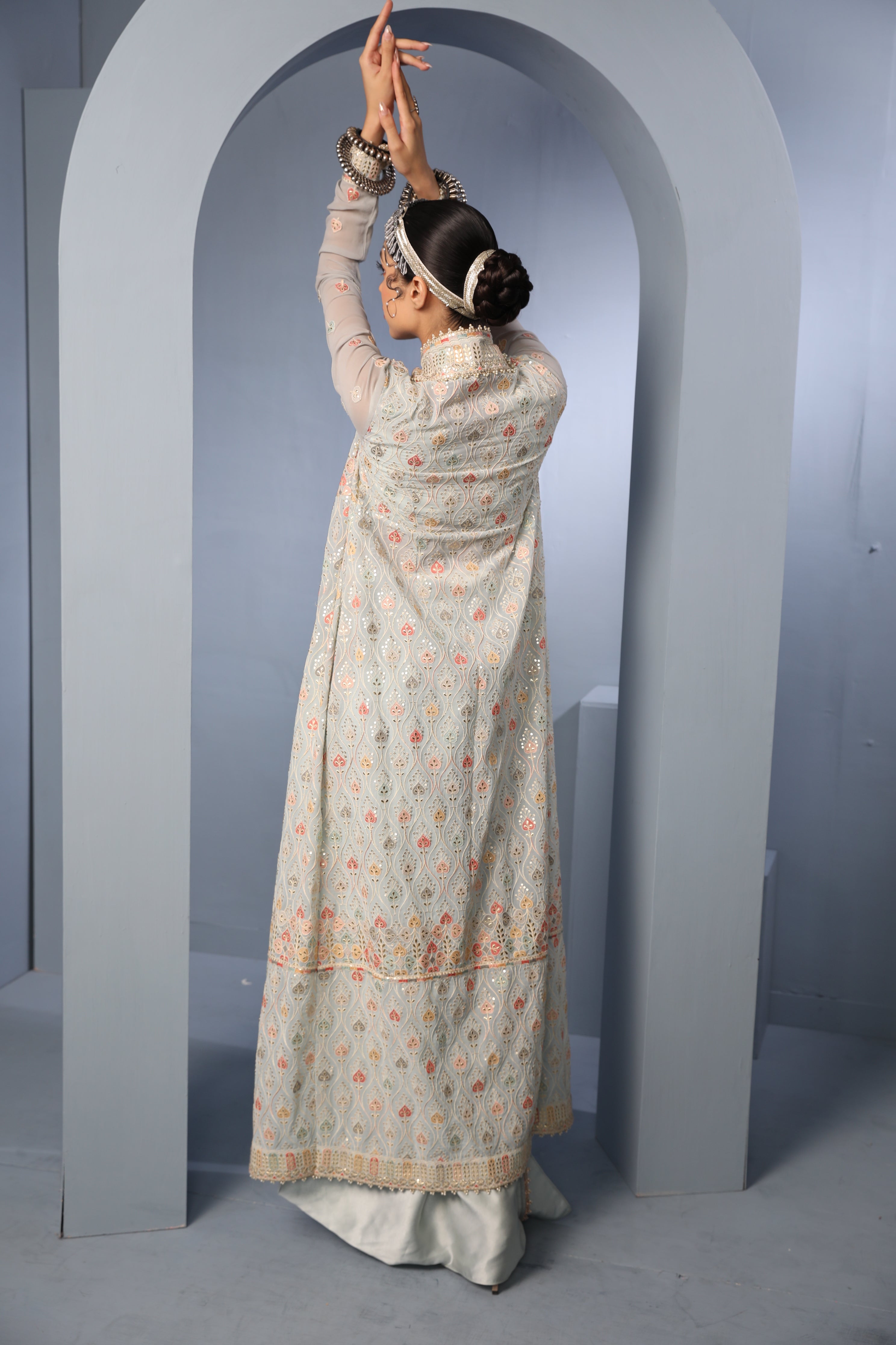 Powder Blue Embroidered Draped Cape-Skirt backview