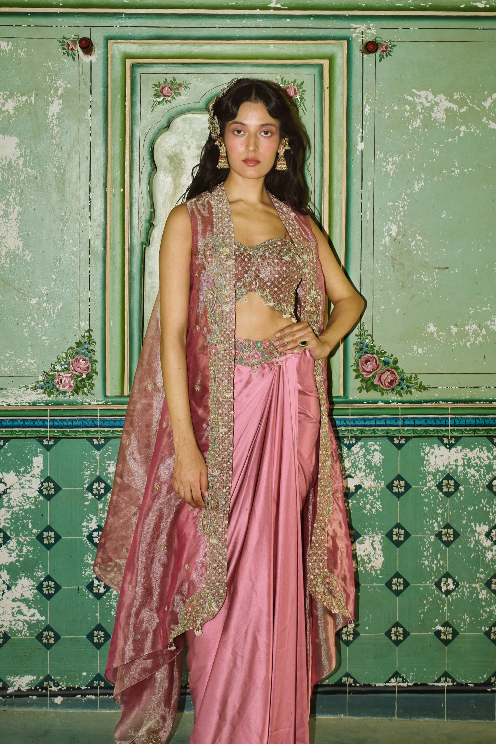 Blush pink drape satin skirt set with cape