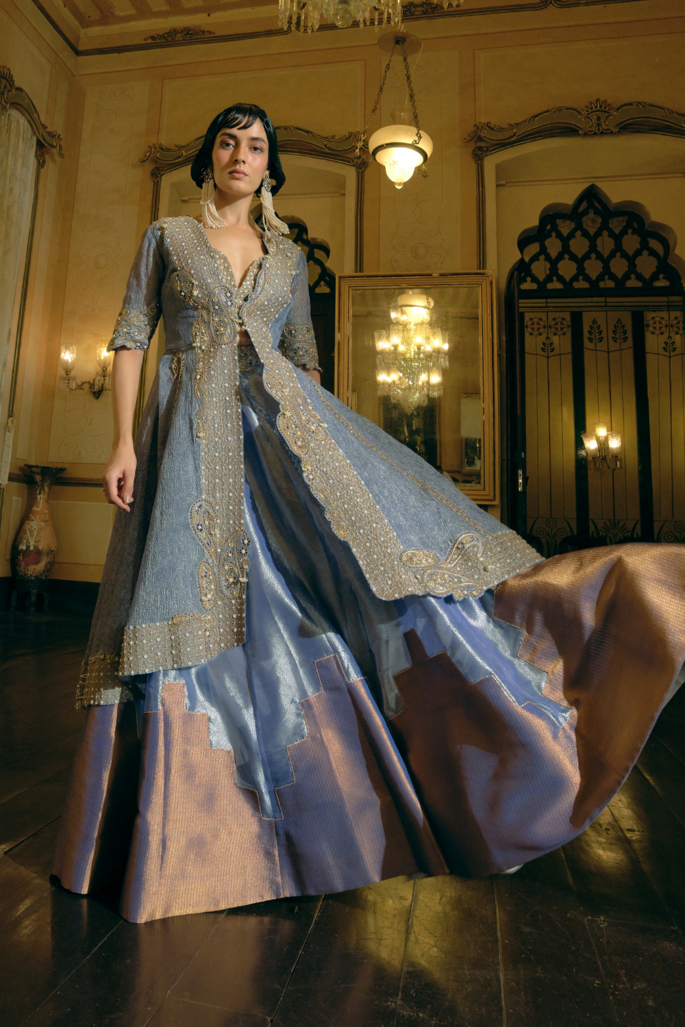 Blue silk zari tissue skirt with blouse and long jacket set