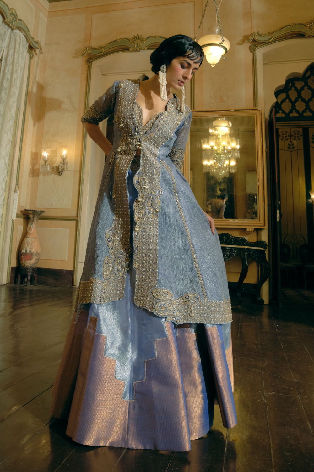 Blue silk zari tissue skirt with blouse and long jacket set