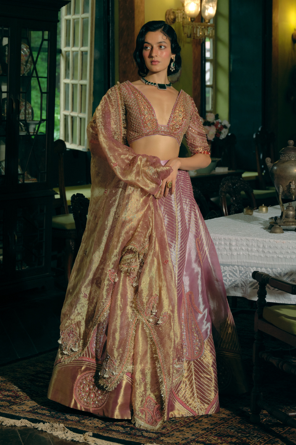 Purple silk zari tissue lehenga set