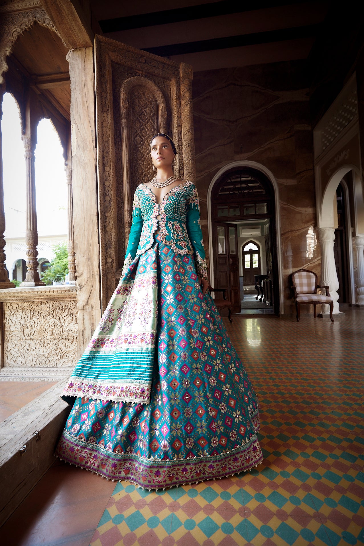 Women's Teal Patola Woven Jacket-Lehenga 