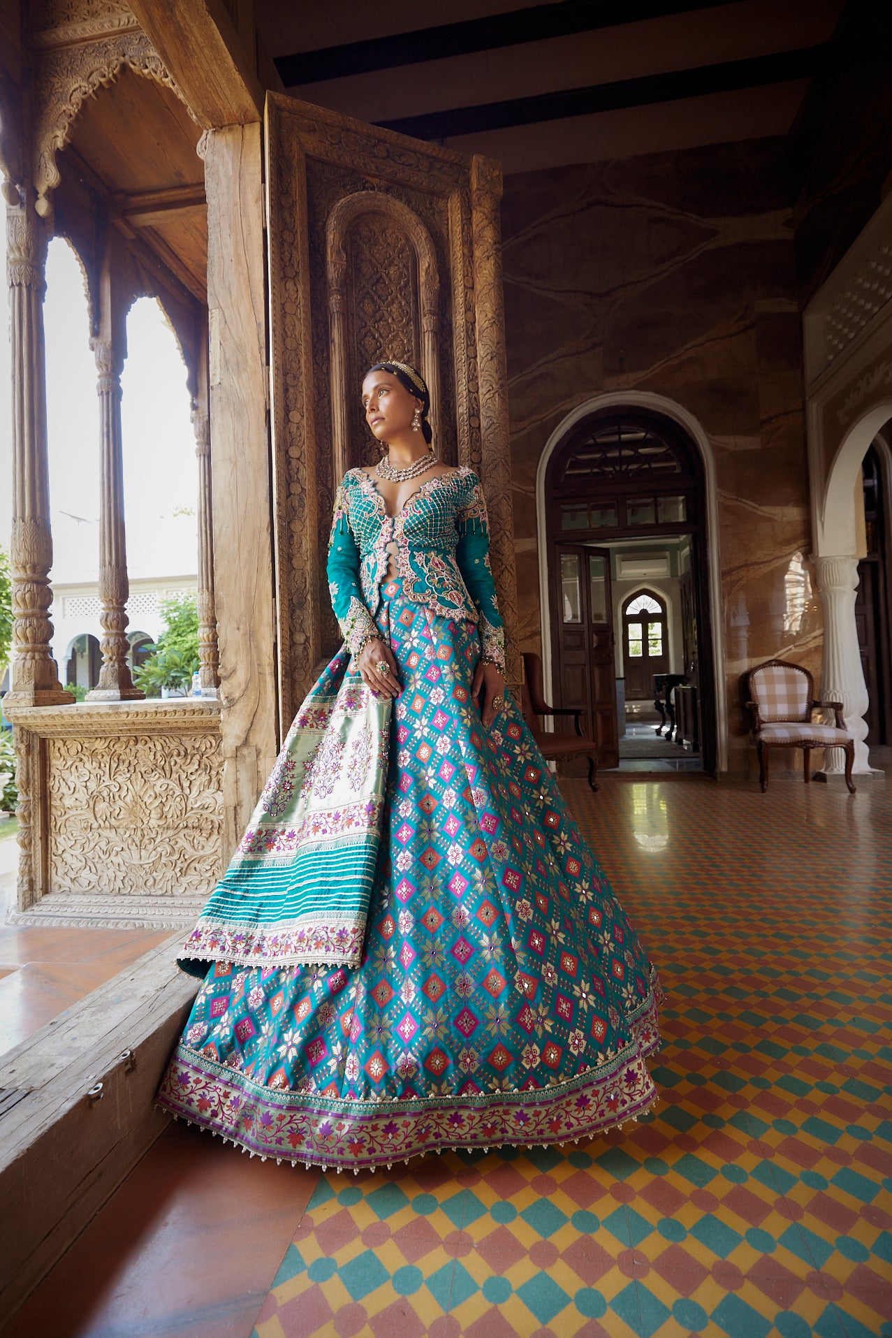 Women's Teal Patola Woven Jacket-Lehenga 