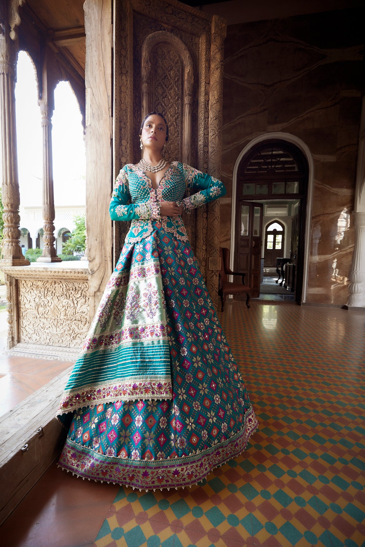 Women's Teal Patola Woven Jacket-Lehenga 