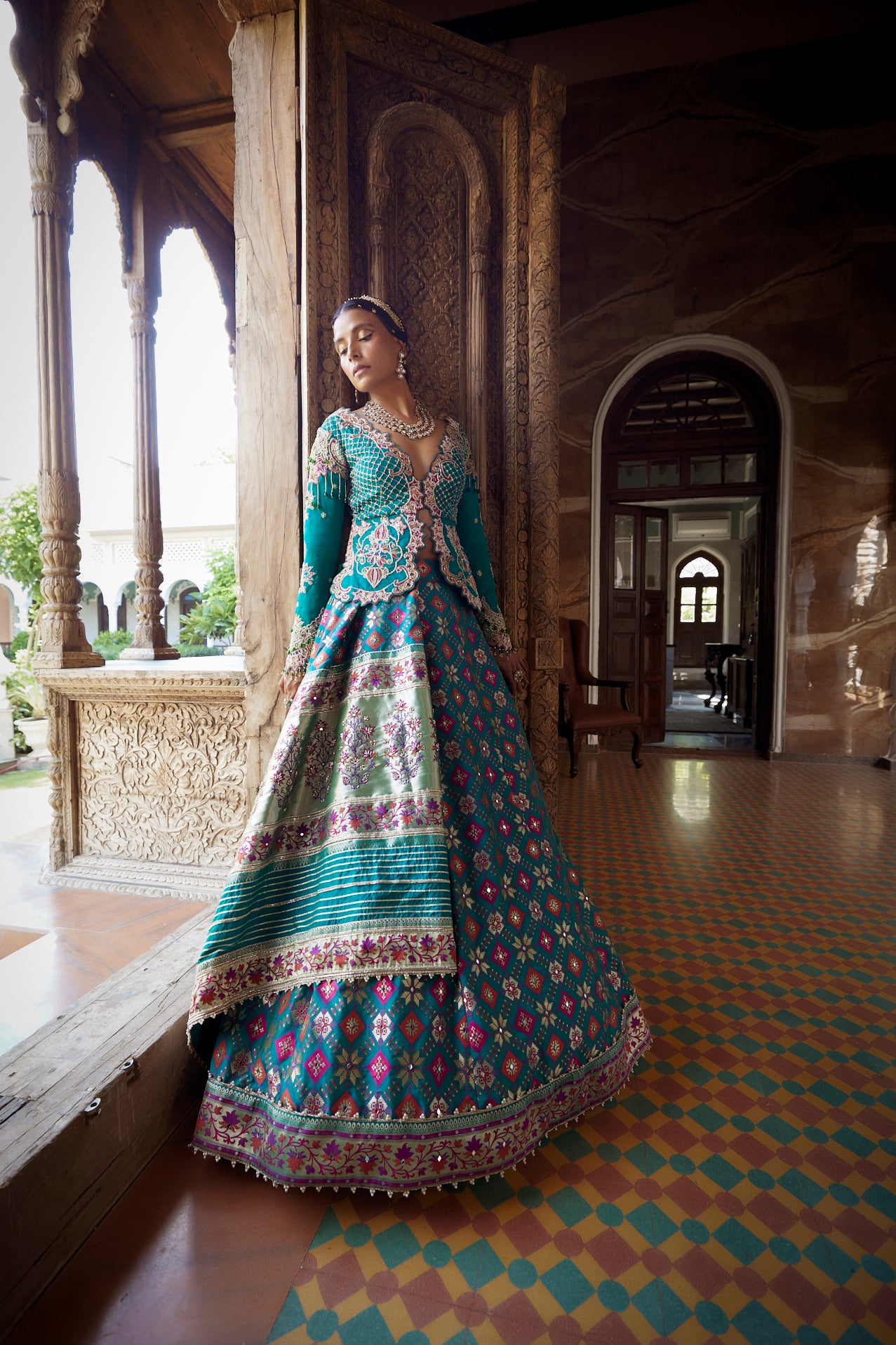 Women's Teal Patola Woven Jacket-Lehenga 