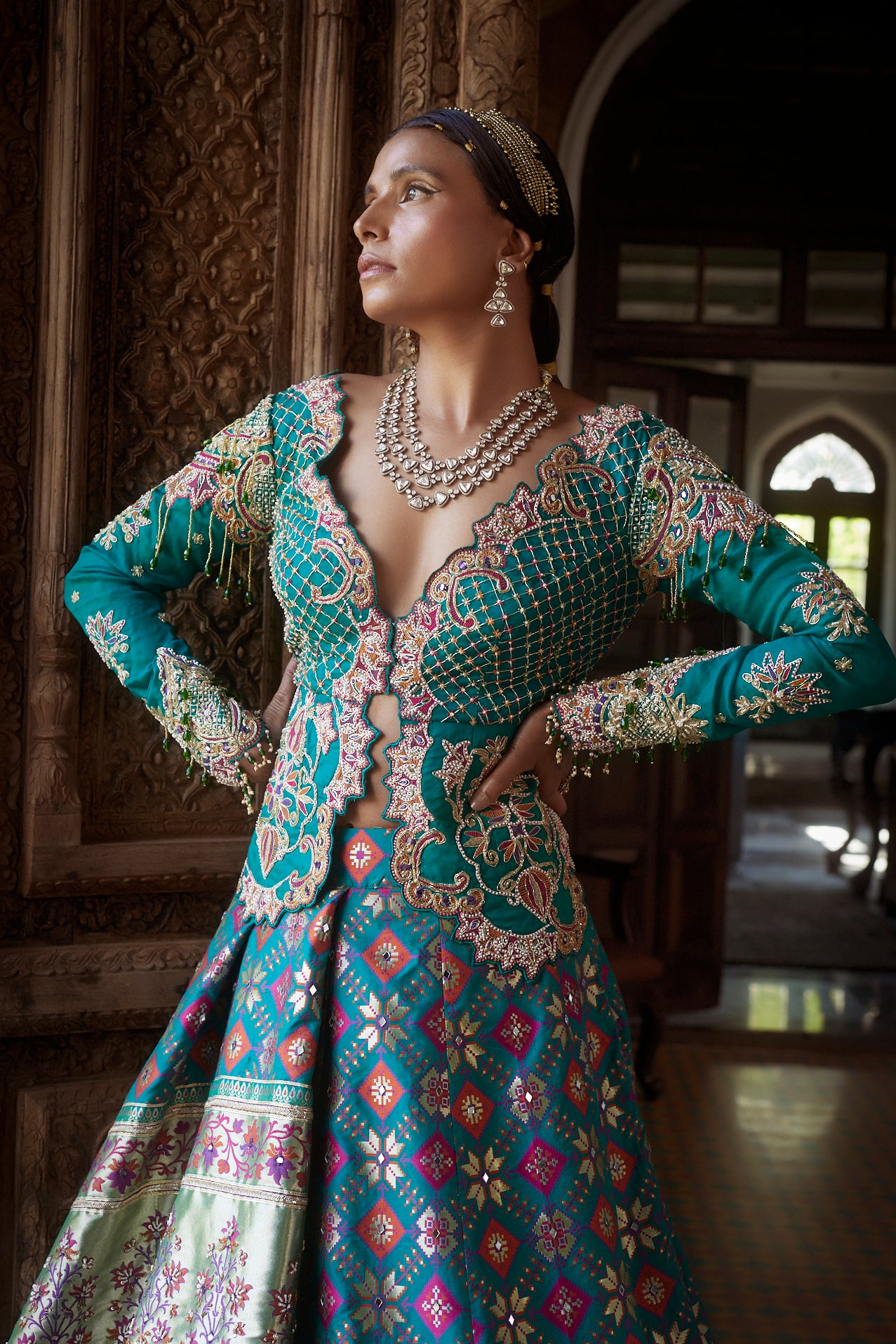 Women's Teal Patola Woven Jacket-Lehenga 