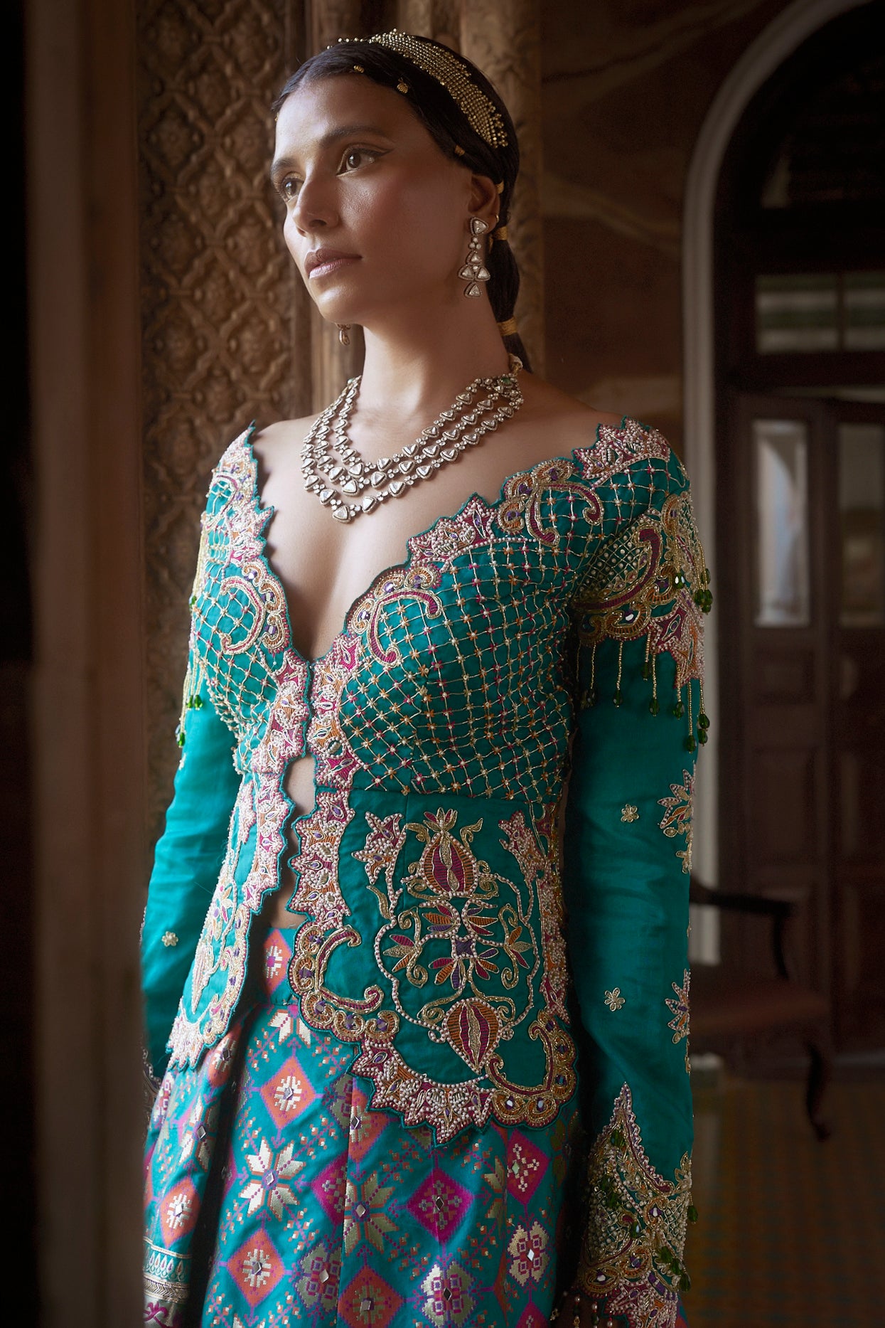 Women's Teal Patola Woven Jacket-Lehenga 