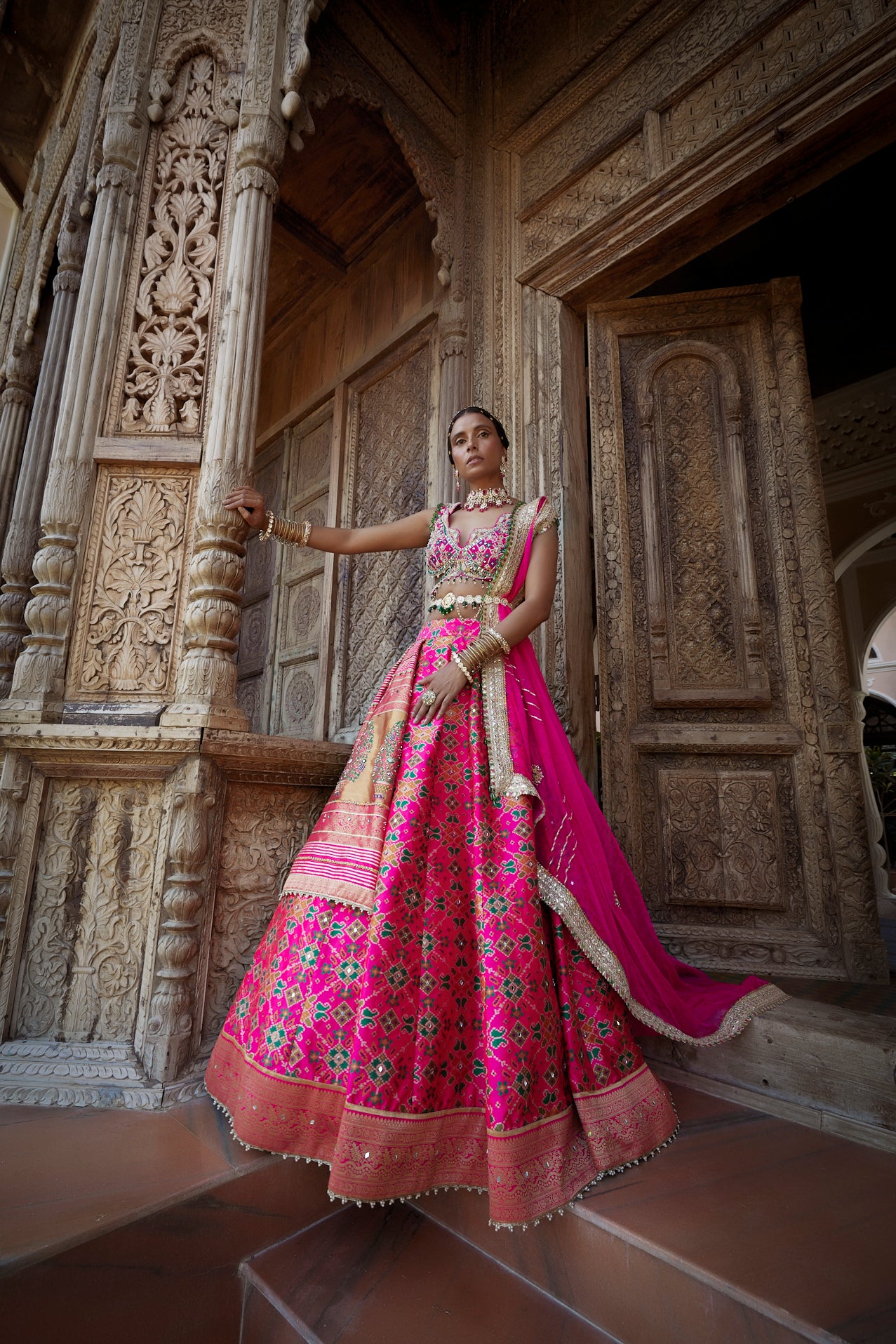 Women's Hot Pink Patola Woven Lehenga Set