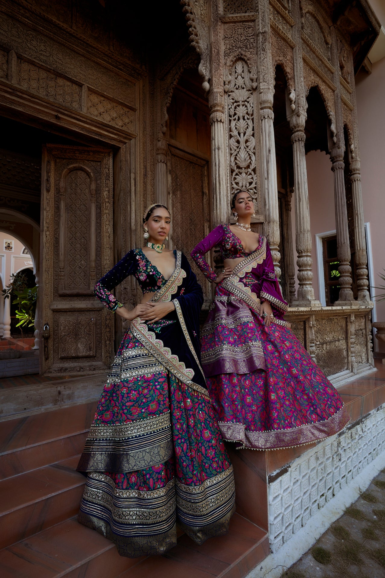 Women's Blue Floral Velvet Jamawar Lehenga