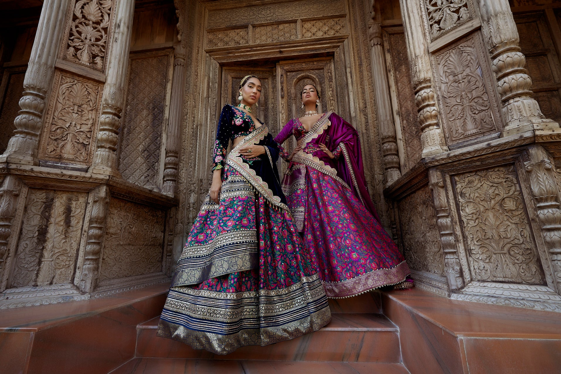 Women's Blue Floral Velvet Jamawar Lehenga