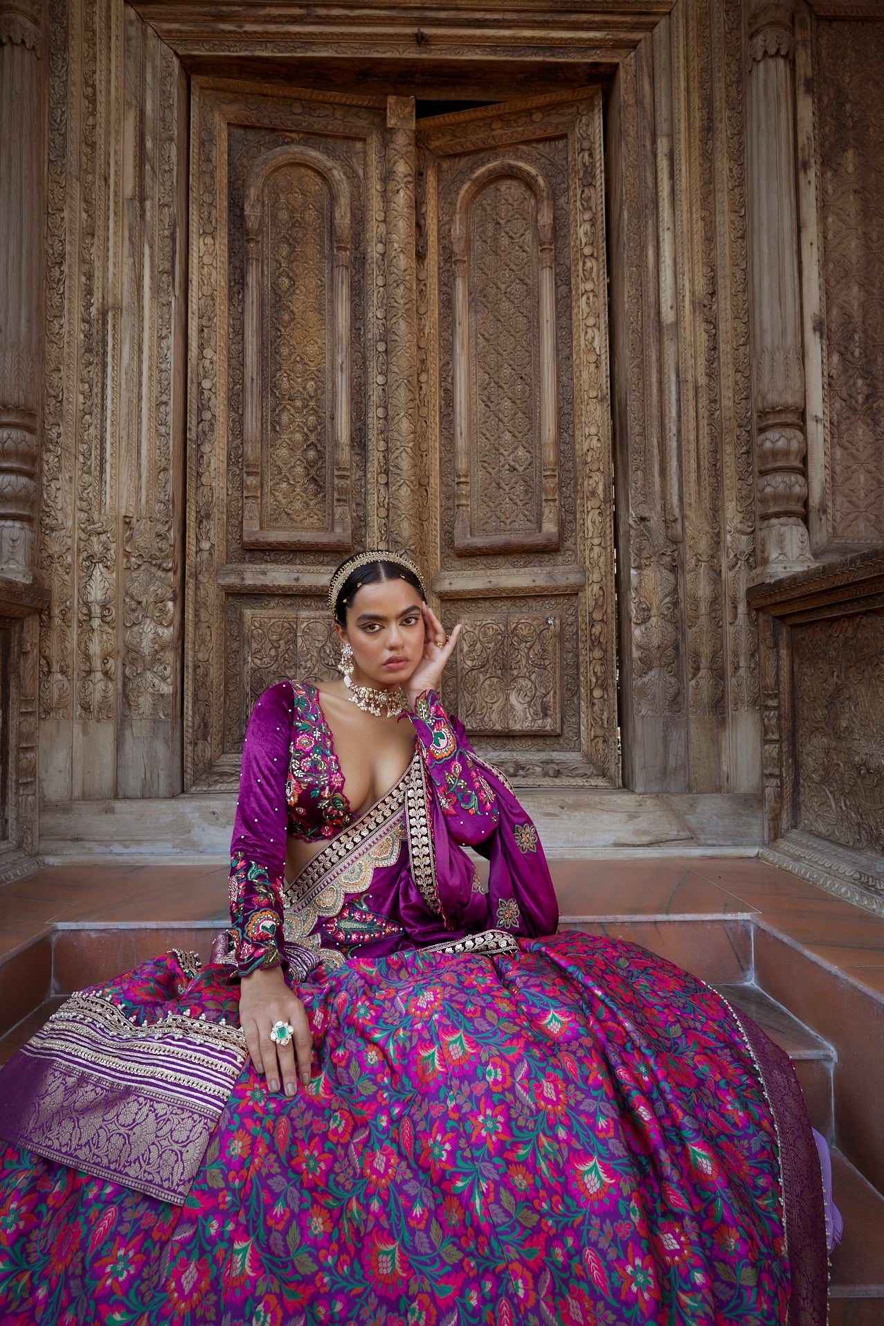 Women's Purple Floral Jamawar Lehenga Set 