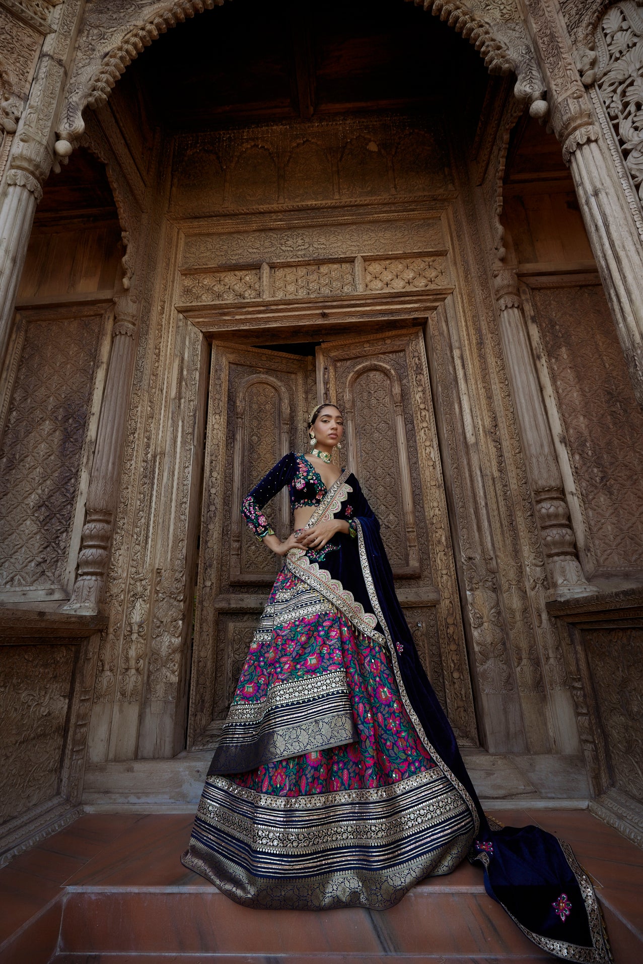 Women's Blue Floral Velvet Jamawar Lehenga