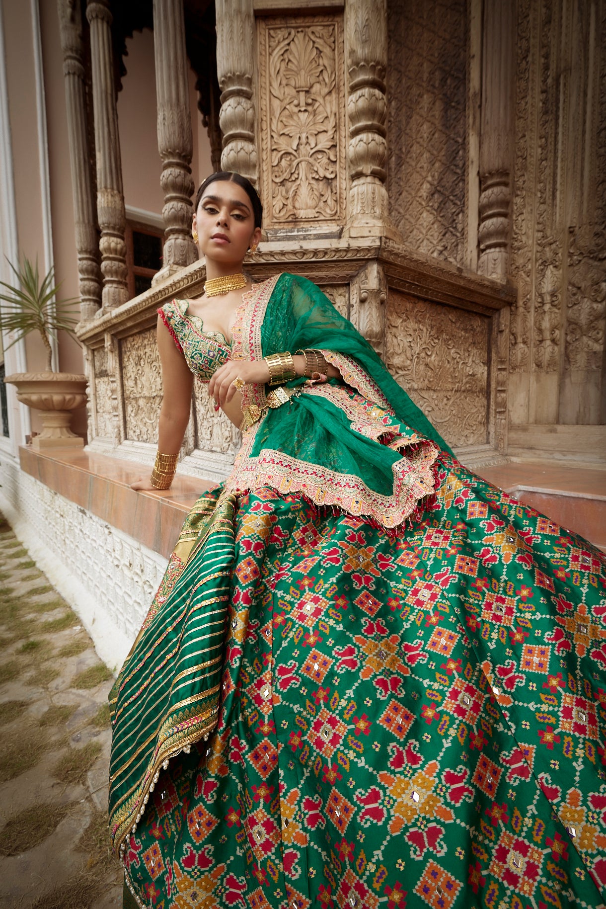 Women's Dark Green Patola Woven Lehenga Set | Aditi Gupta