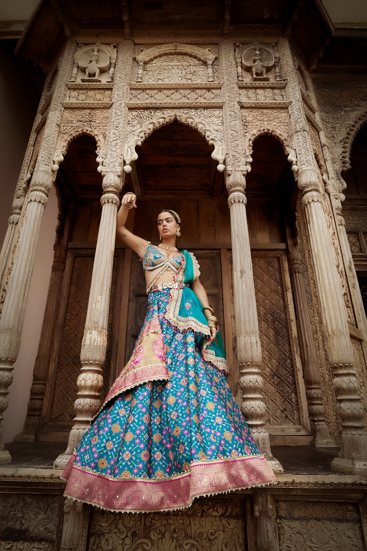 Women's Teal Blue-Purple Patola Lehenga Set