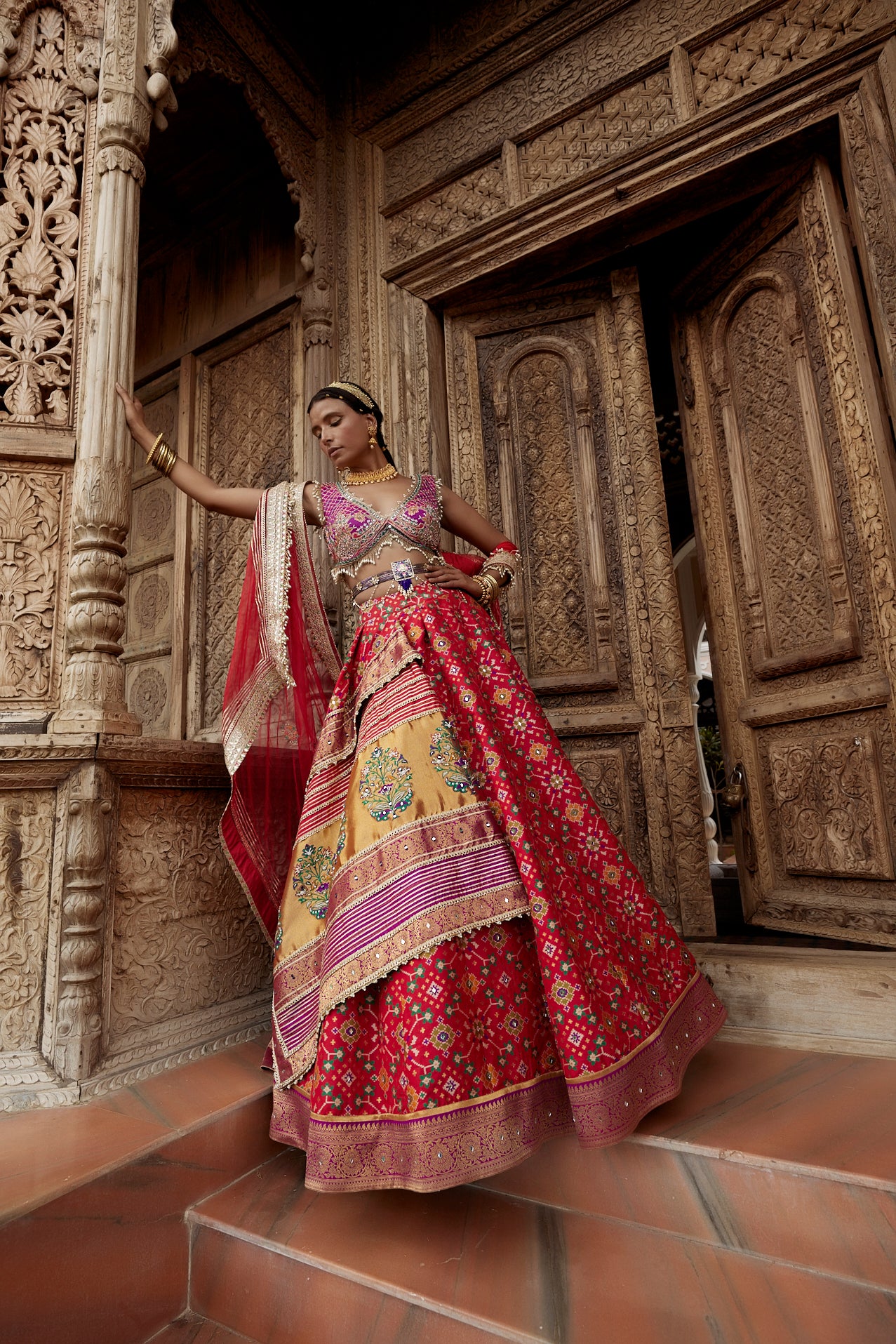 Women's Red Patola Woven Embroidered Lehenga frontview