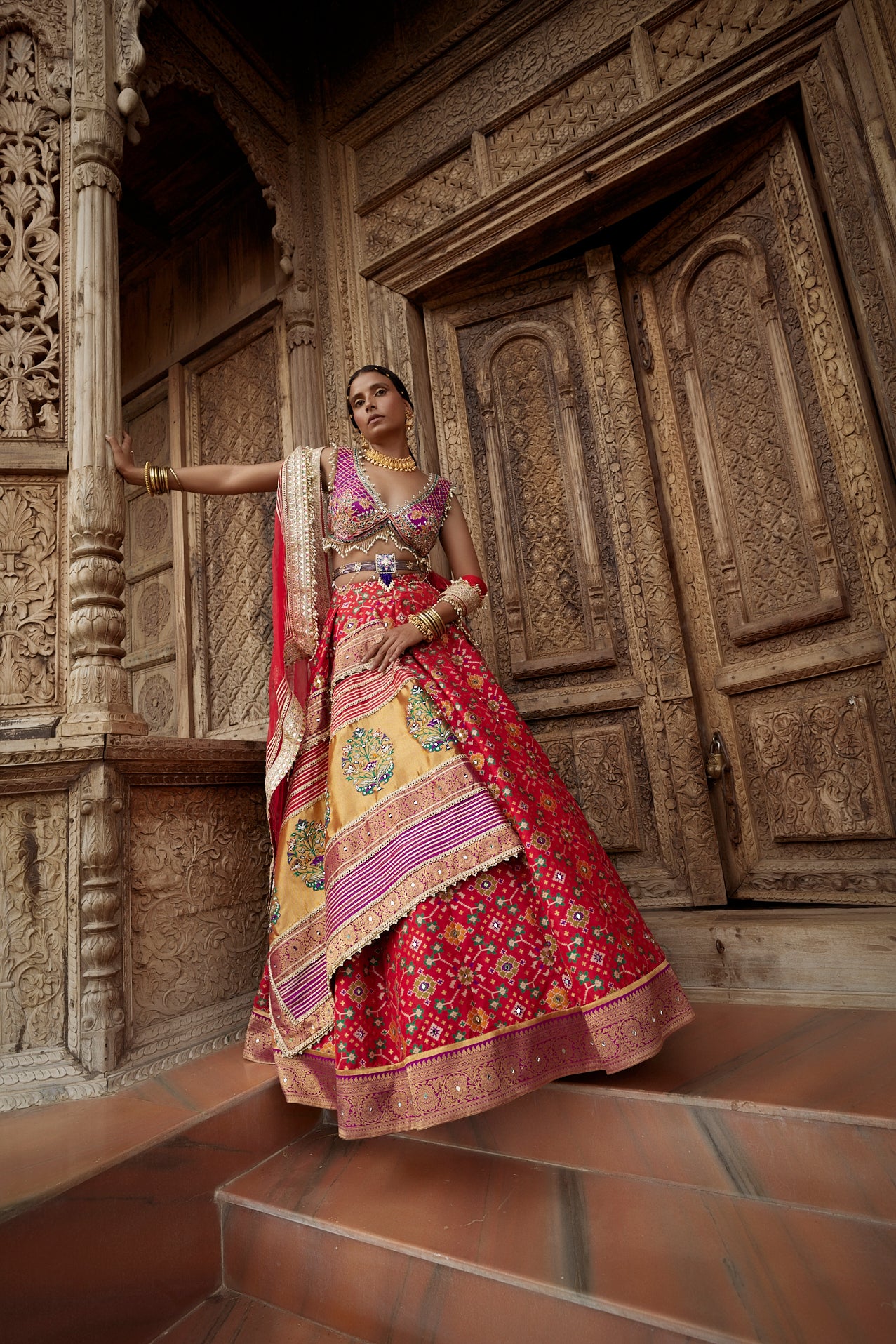 Women's Red Patola Woven Embroidered Lehenga sideview