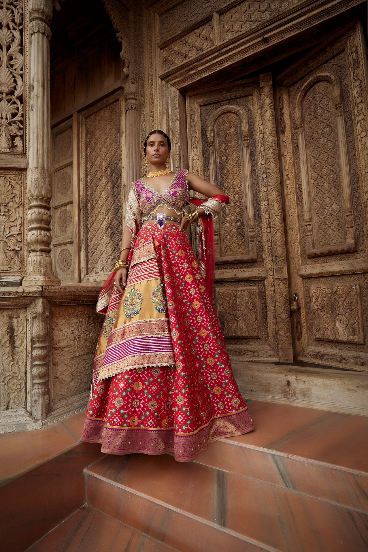 Women's Red Patola Woven Embroidered Lehenga frontview