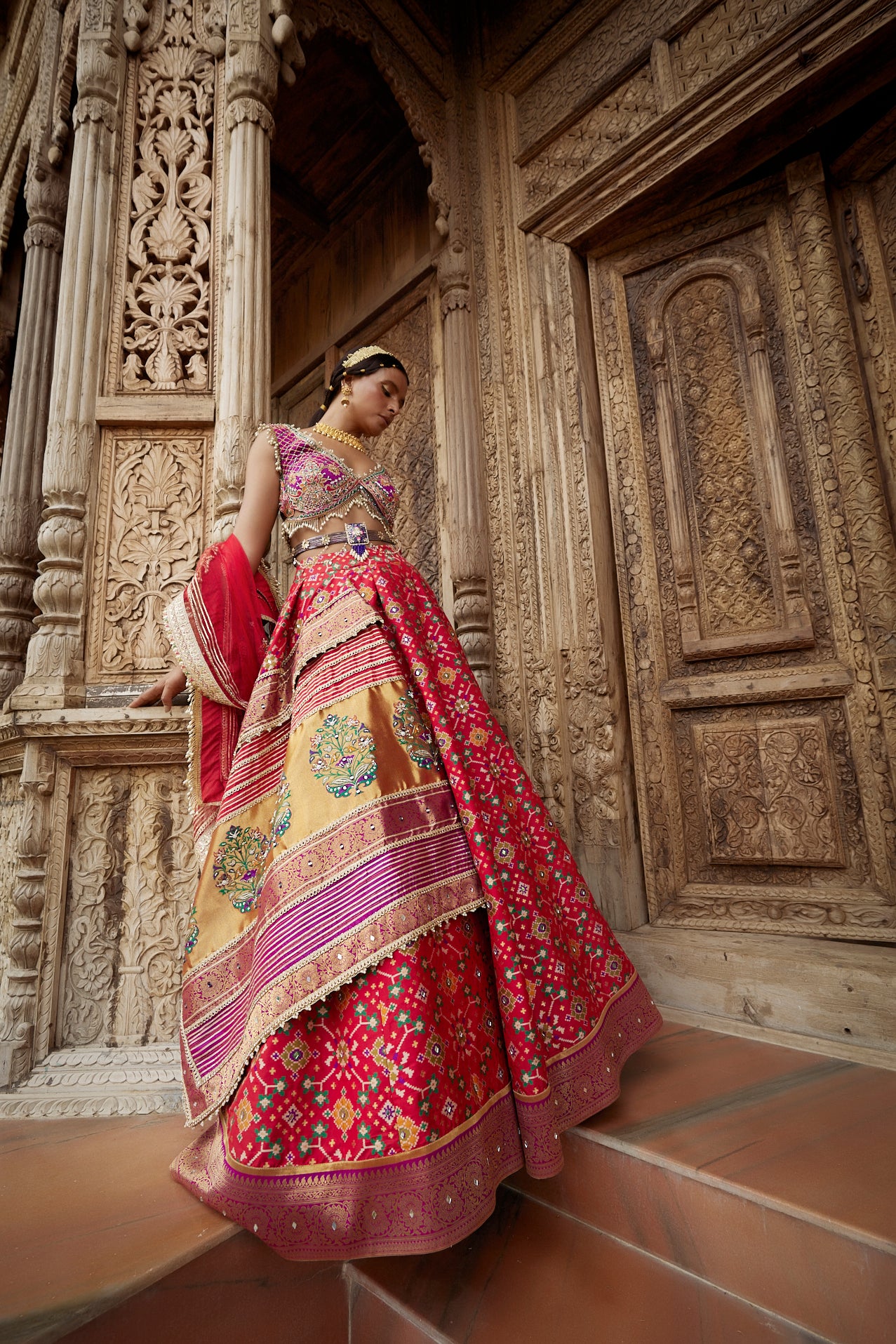 Women's Red Patola Woven Embroidered Lehenga