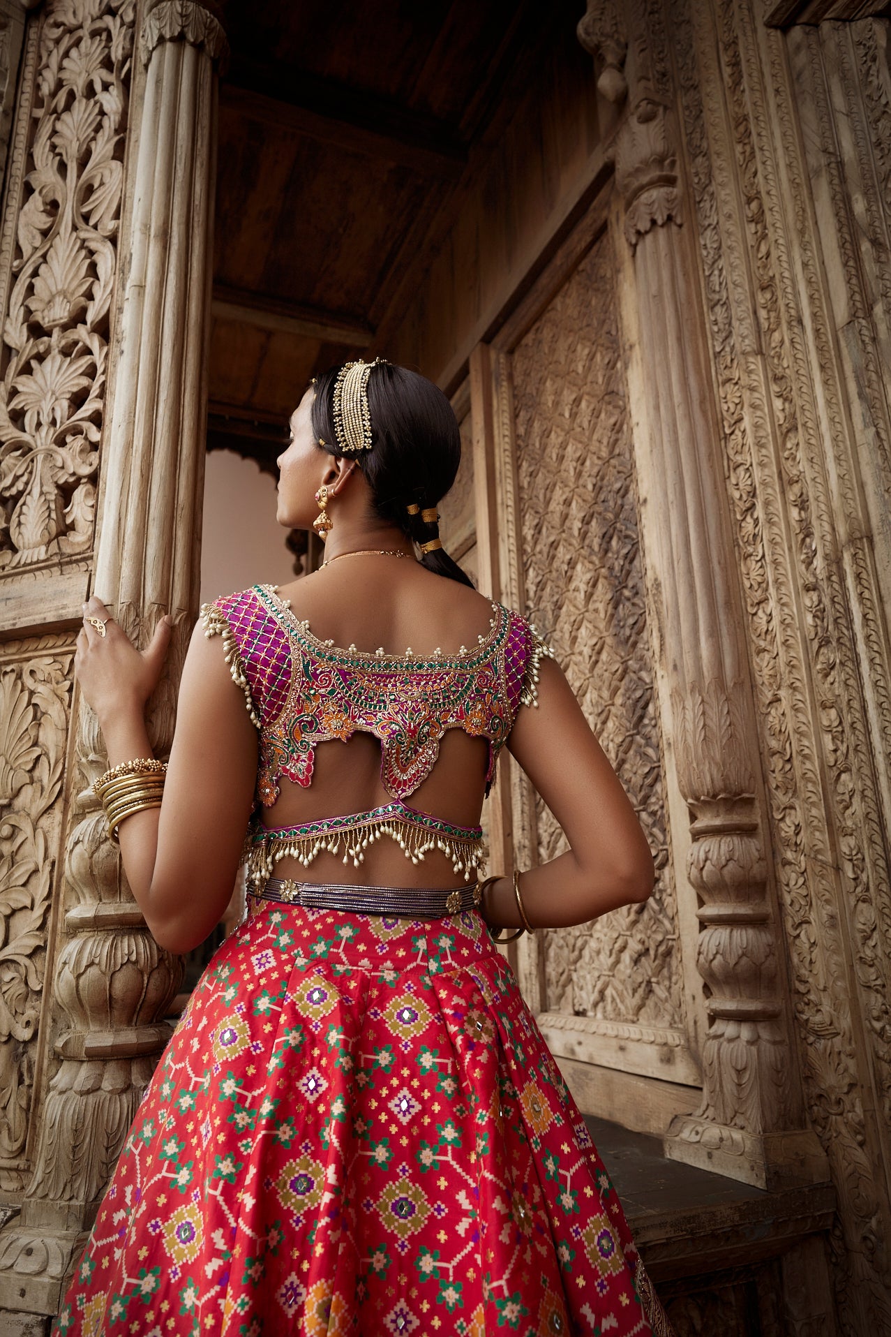 Women's Red Patola Woven Embroidered Lehenga backview