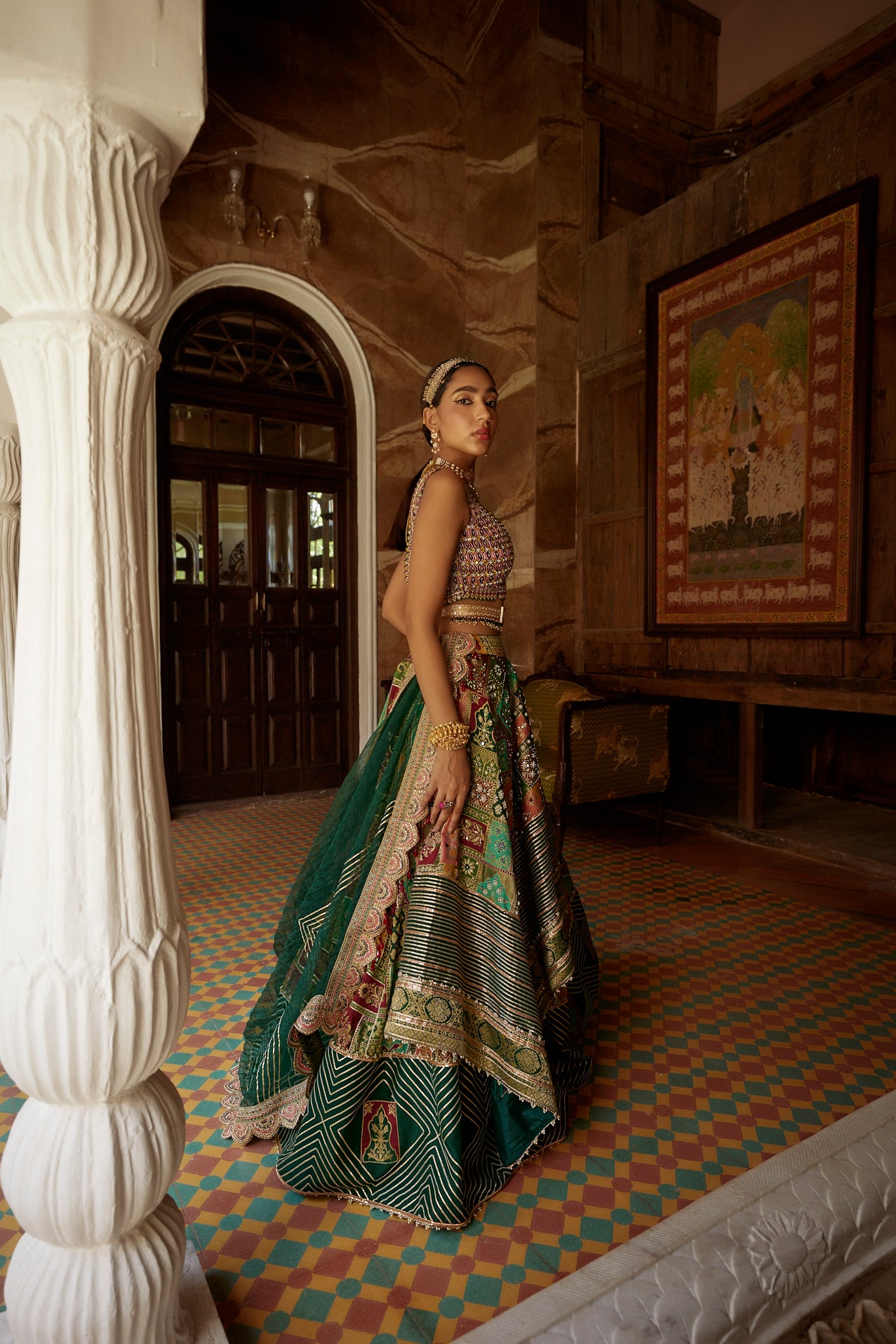 Women's Green Abstract Jamawar Banarasi Lehenga