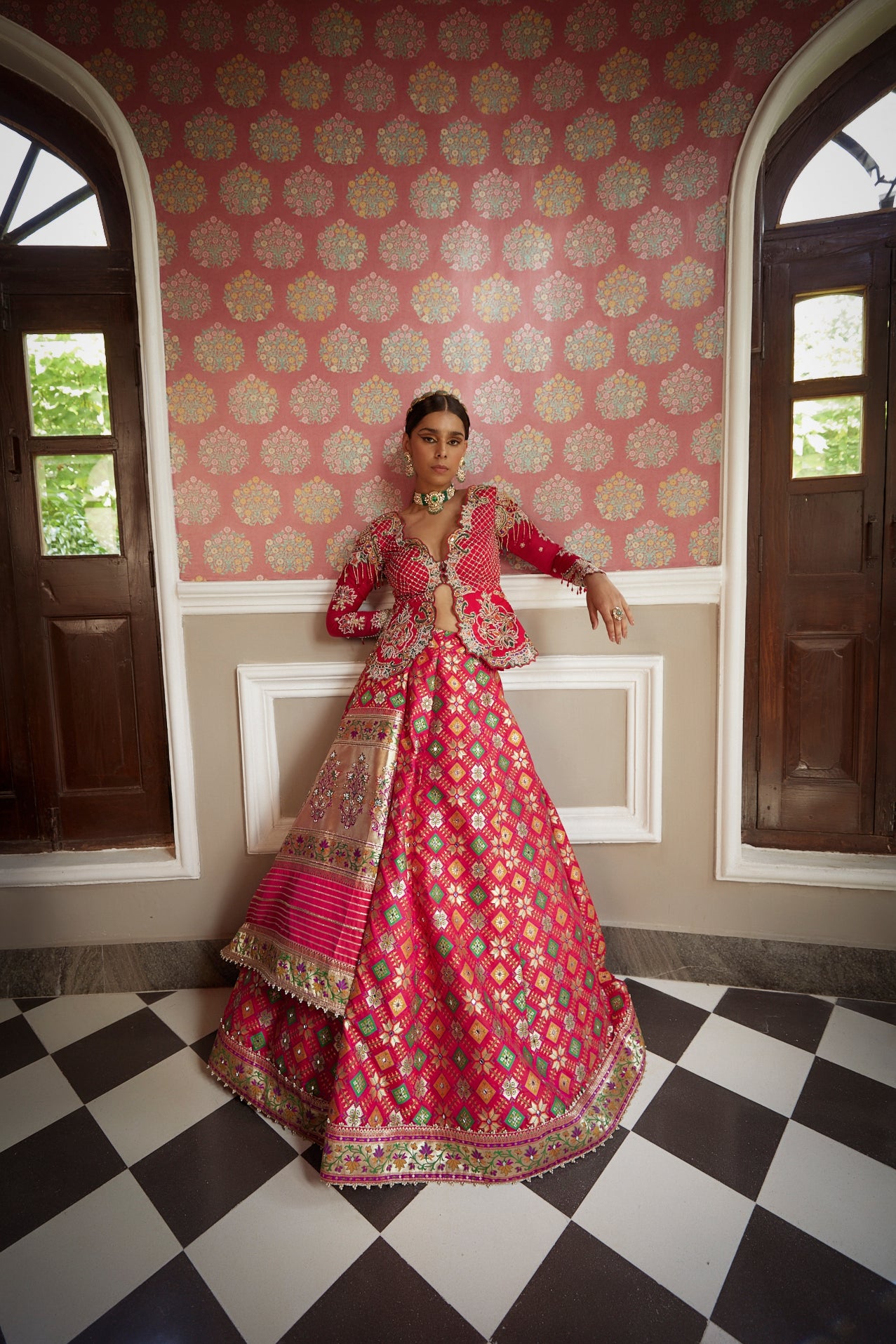 Women's Coral Patola Woven Jacket Lehenga Set