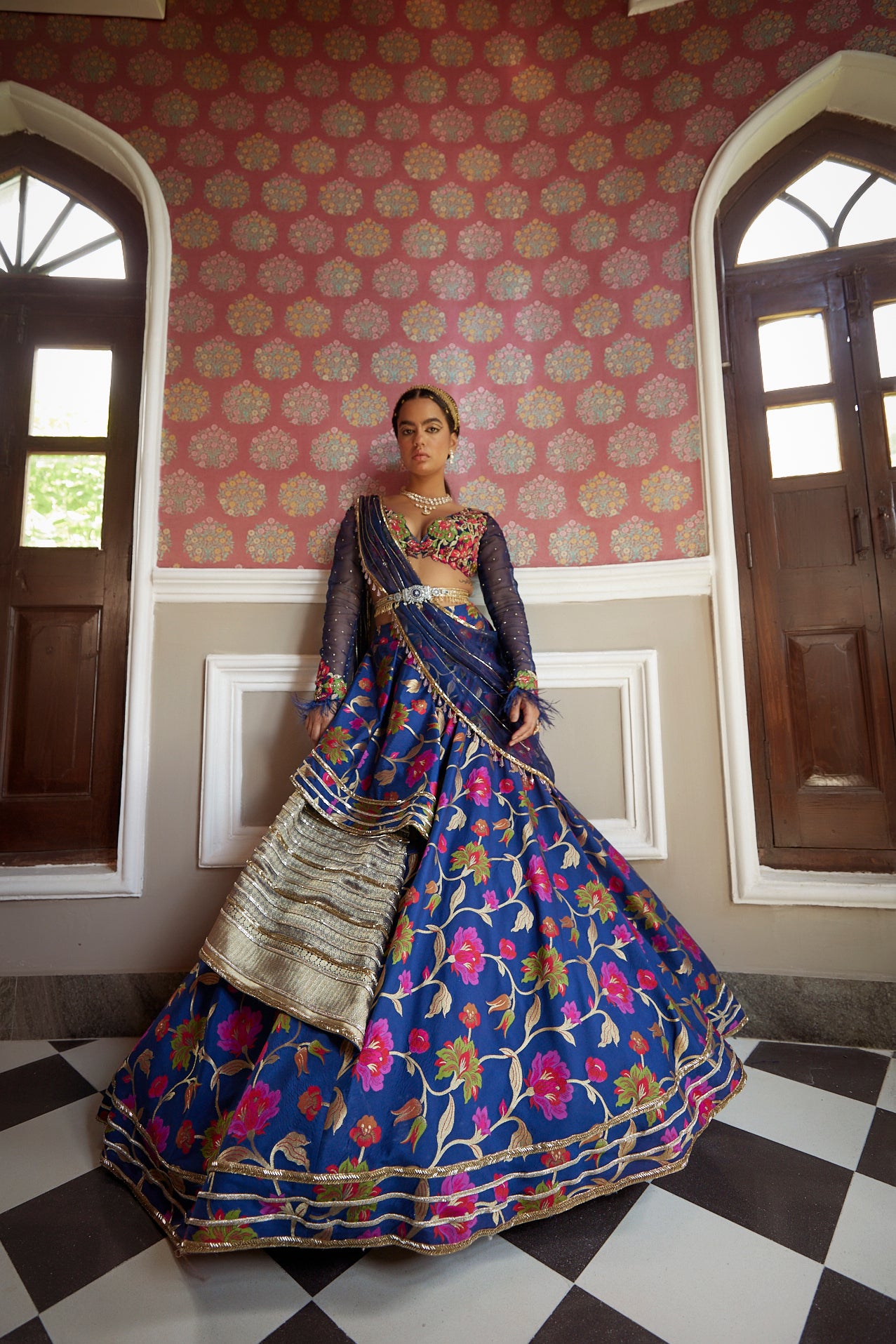 Women's Dark Blue Floral Lehenga Set