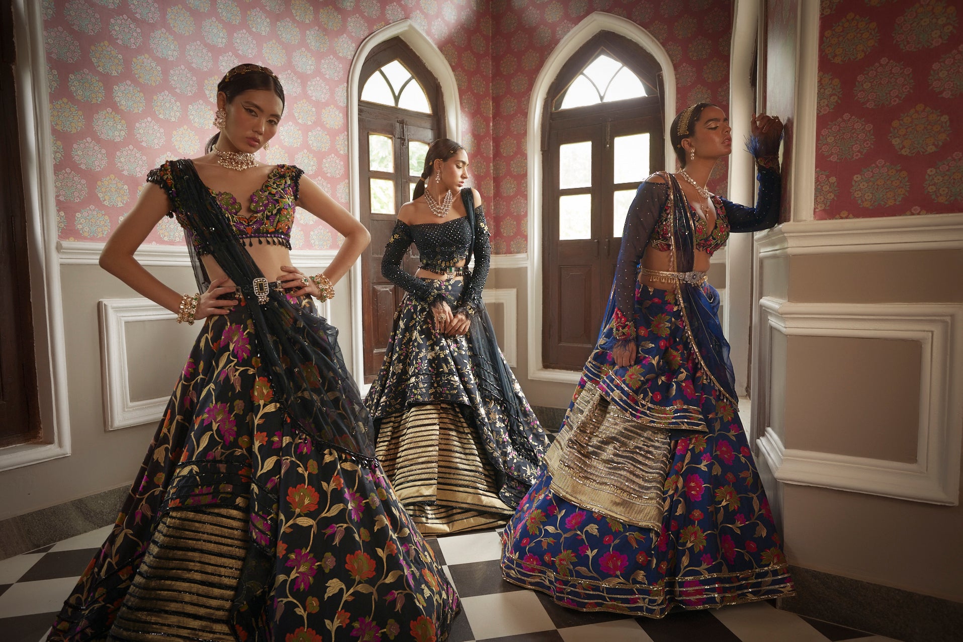 Women's Black-Multicolored Floral Lehenga Set