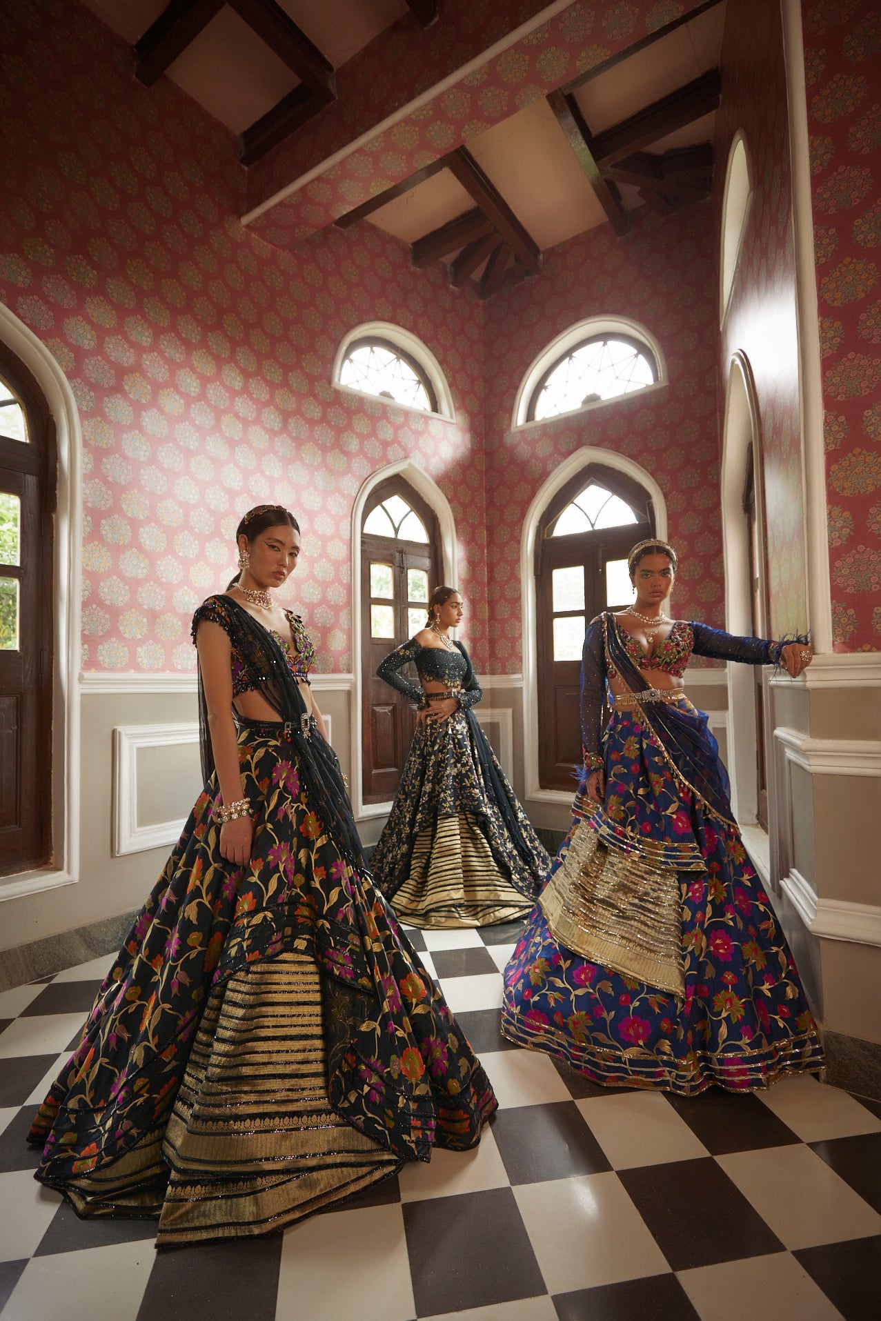 Women's Black-Multicolored Floral Lehenga Set