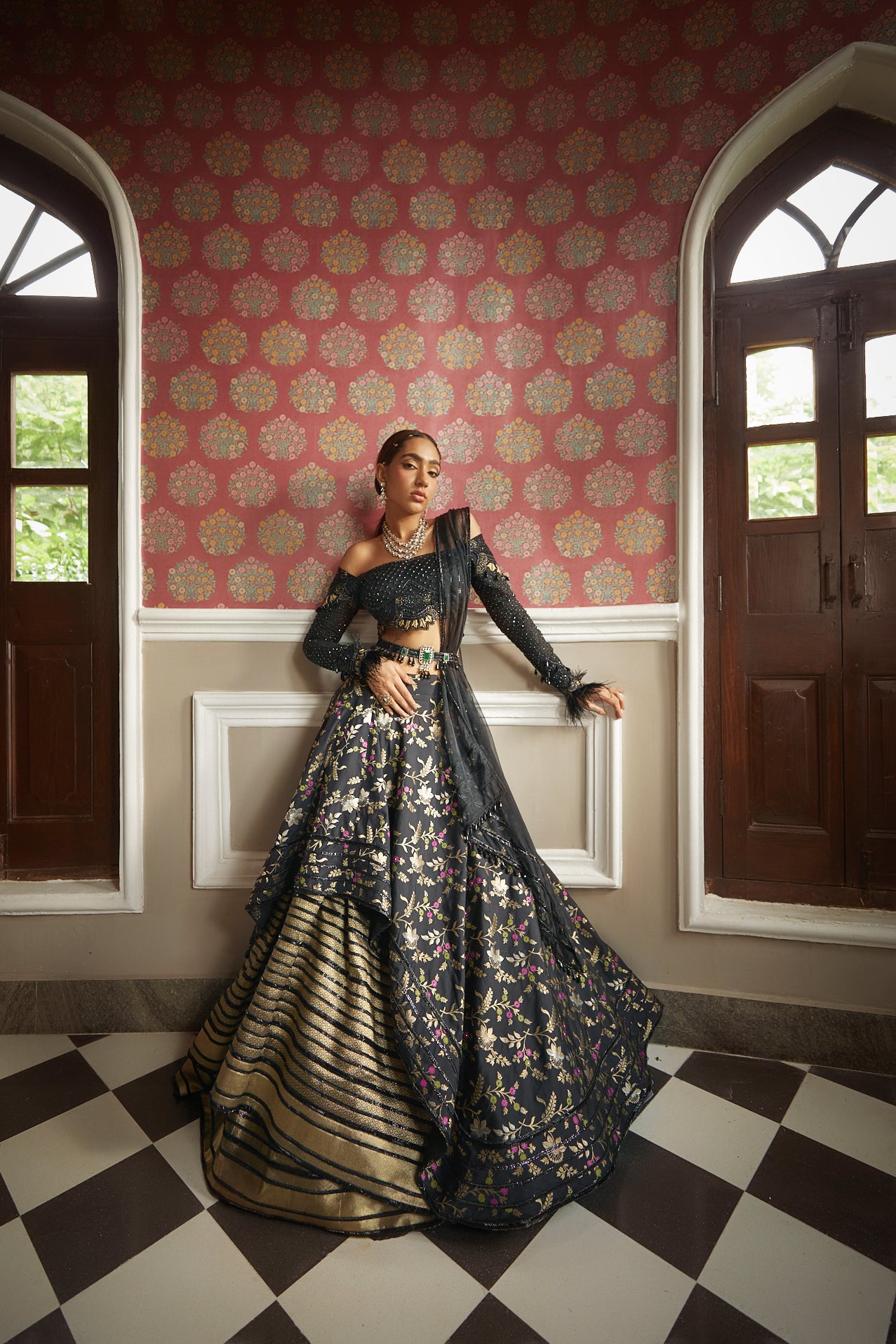 Women's Black Floral Embroidered Lehenga Set