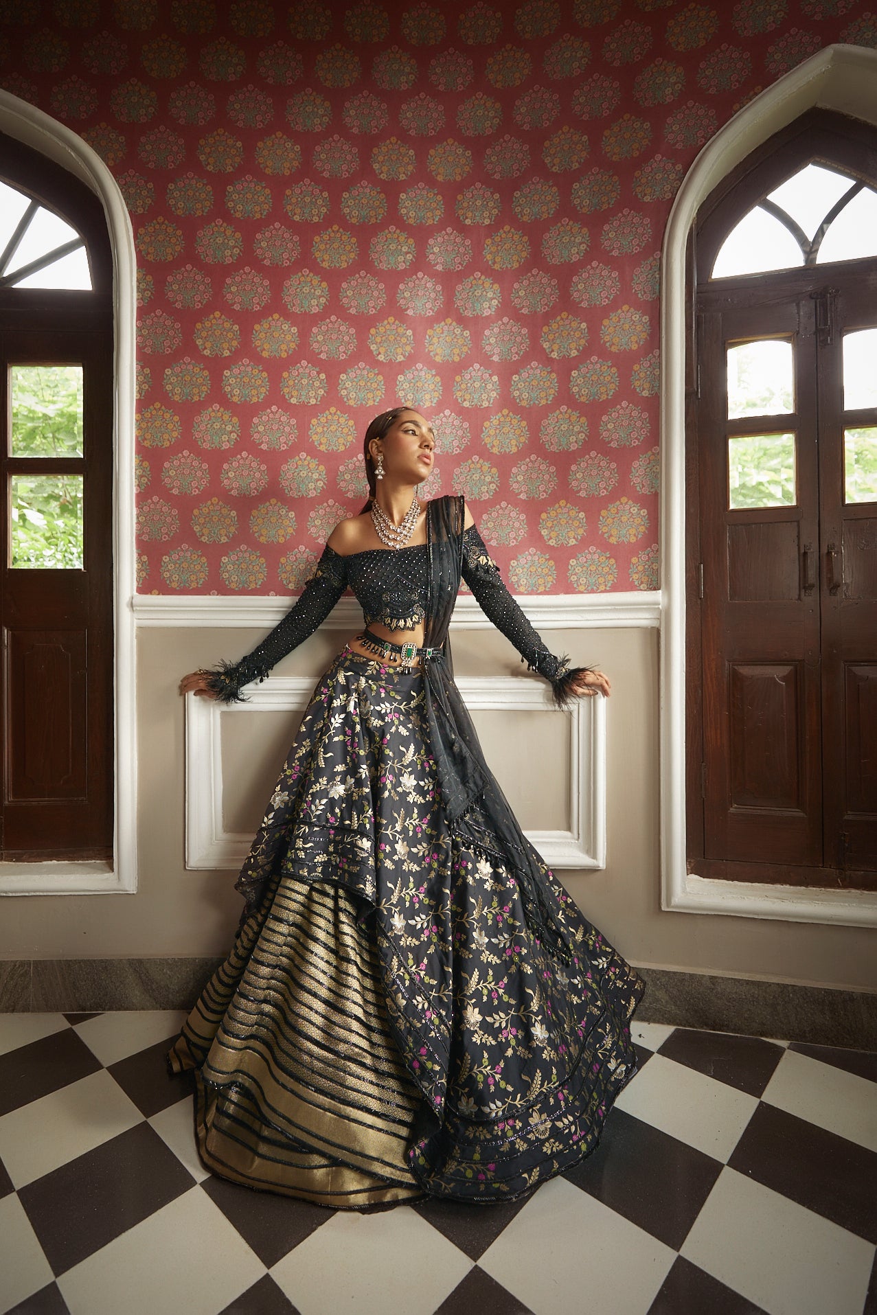 Women's Black Floral Embroidered Lehenga Set