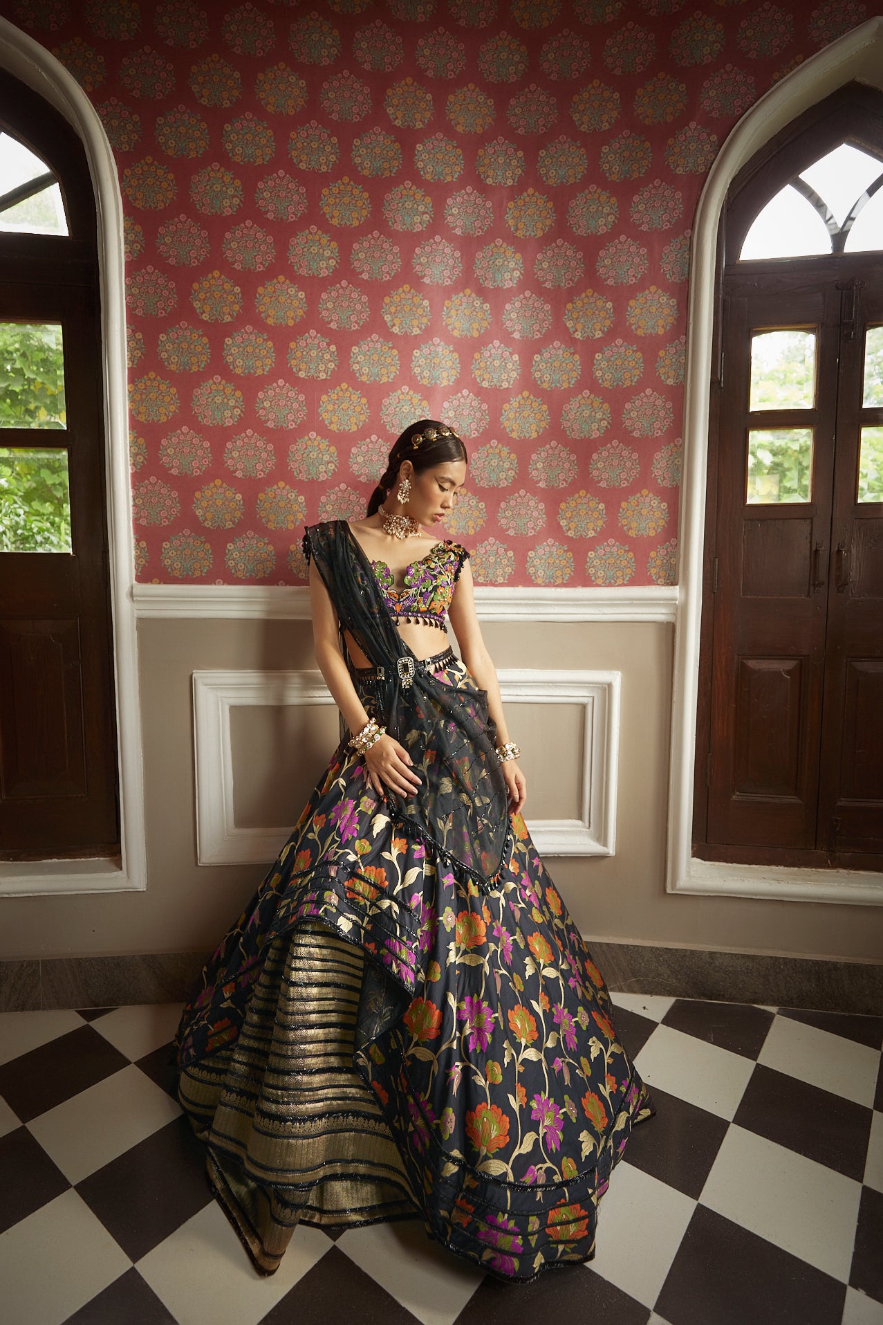 Women's Black-Multicolored Floral Lehenga Set