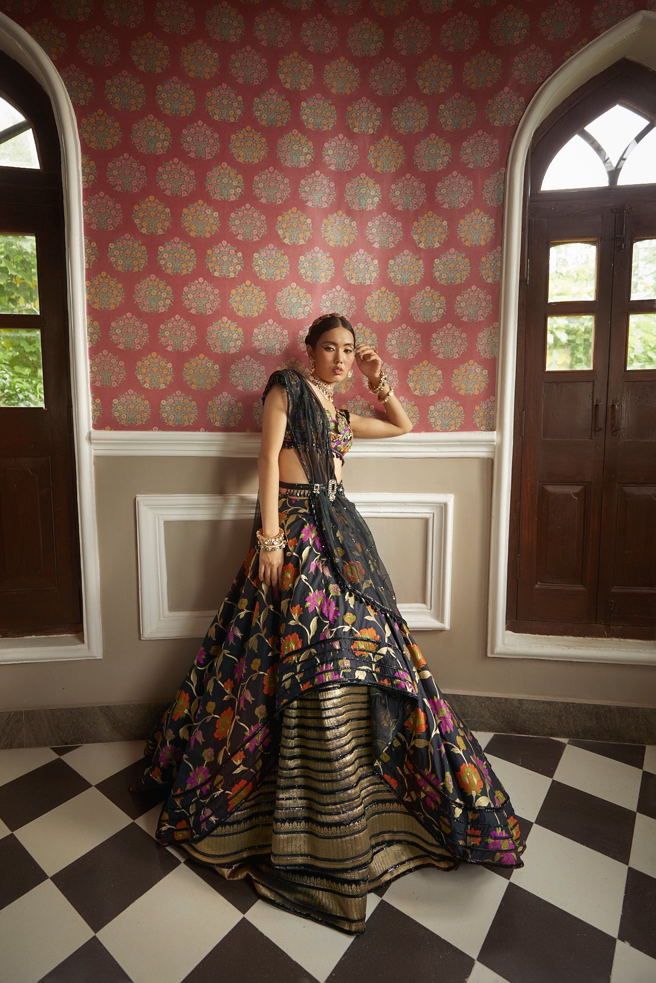 Women's Black-Multicolored Floral Lehenga Set