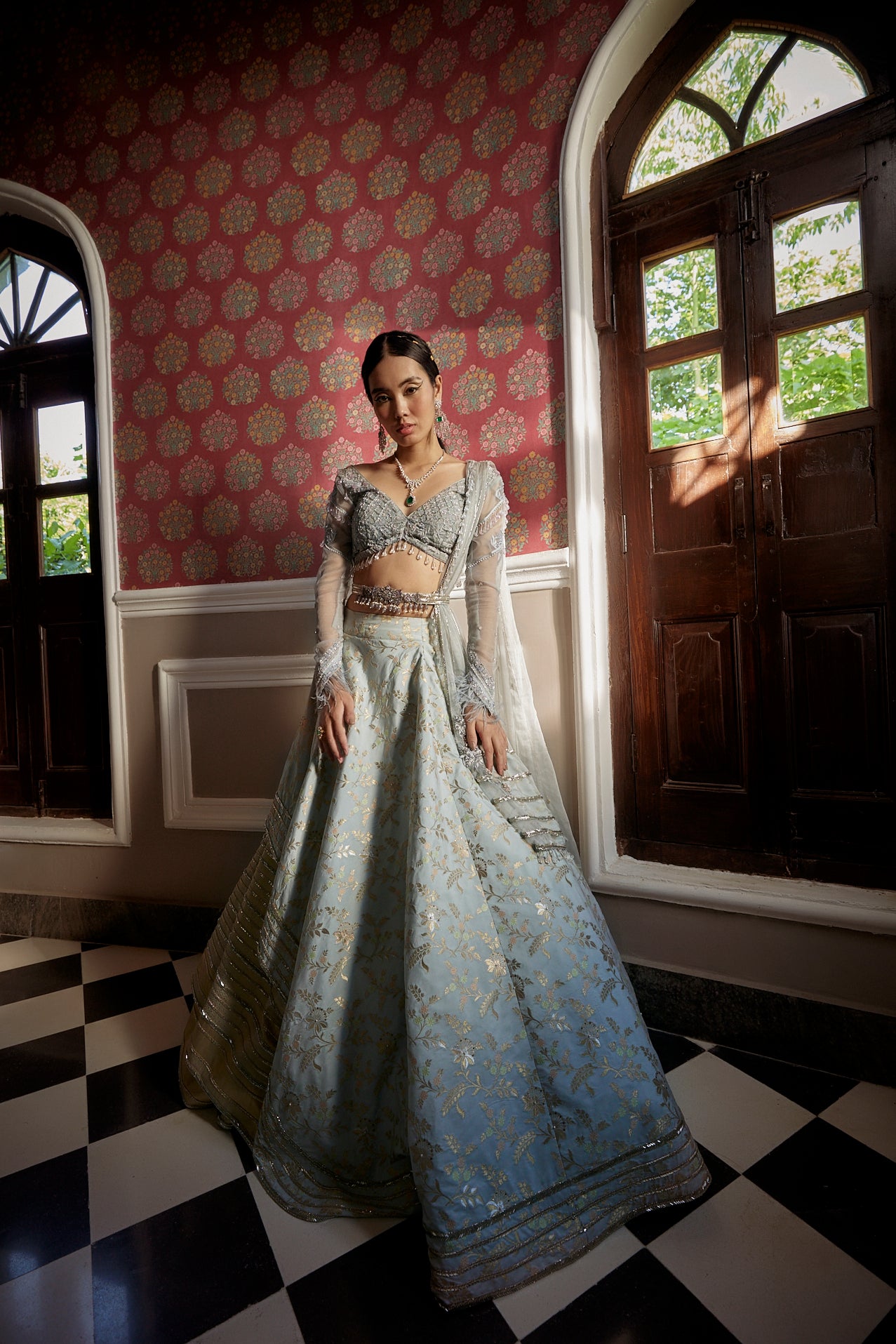 Women's Pastel Elephant Blue Floral Lehenga