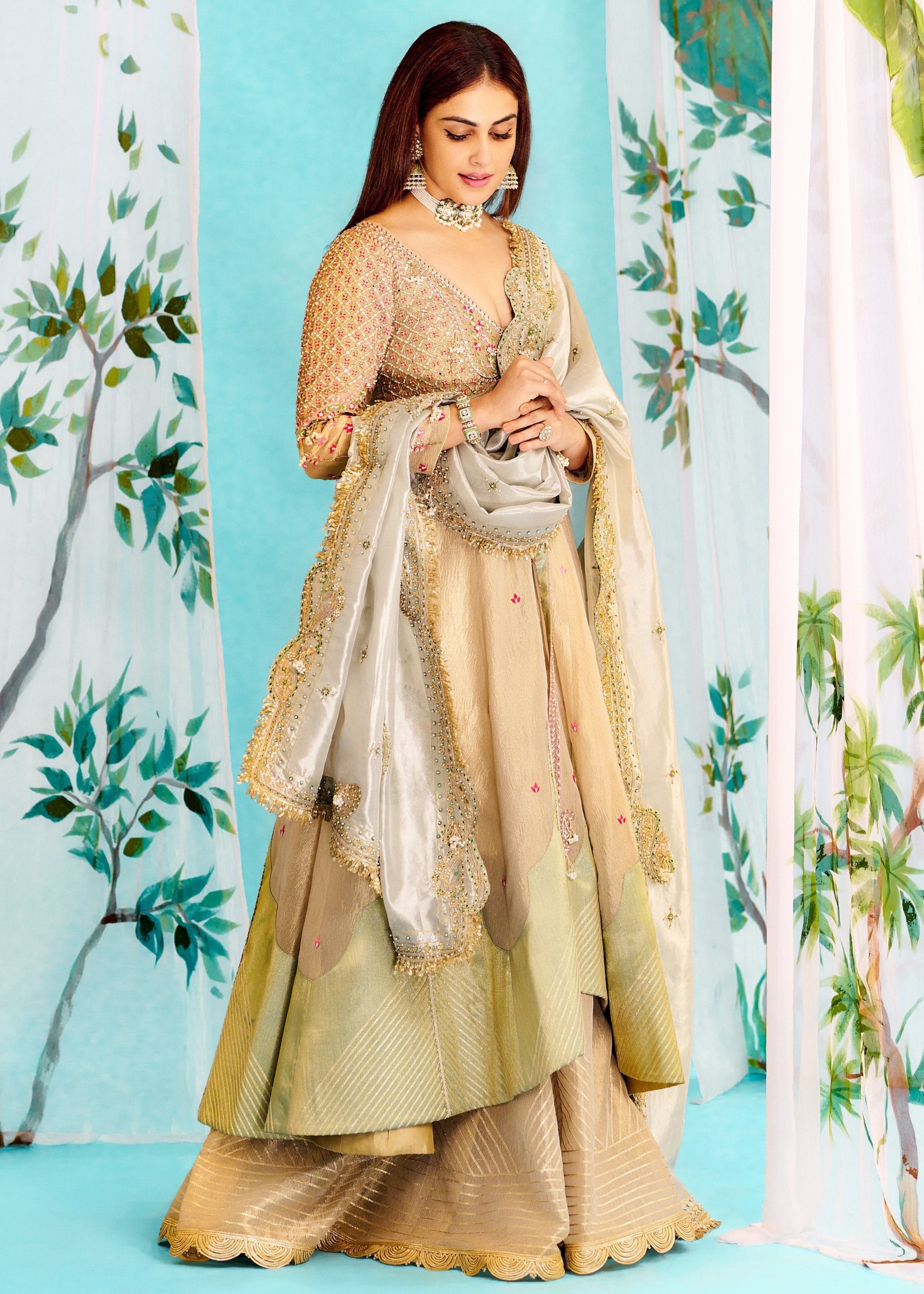 Pearl ivory silk zari tissue jacket with sharara and Dupatta