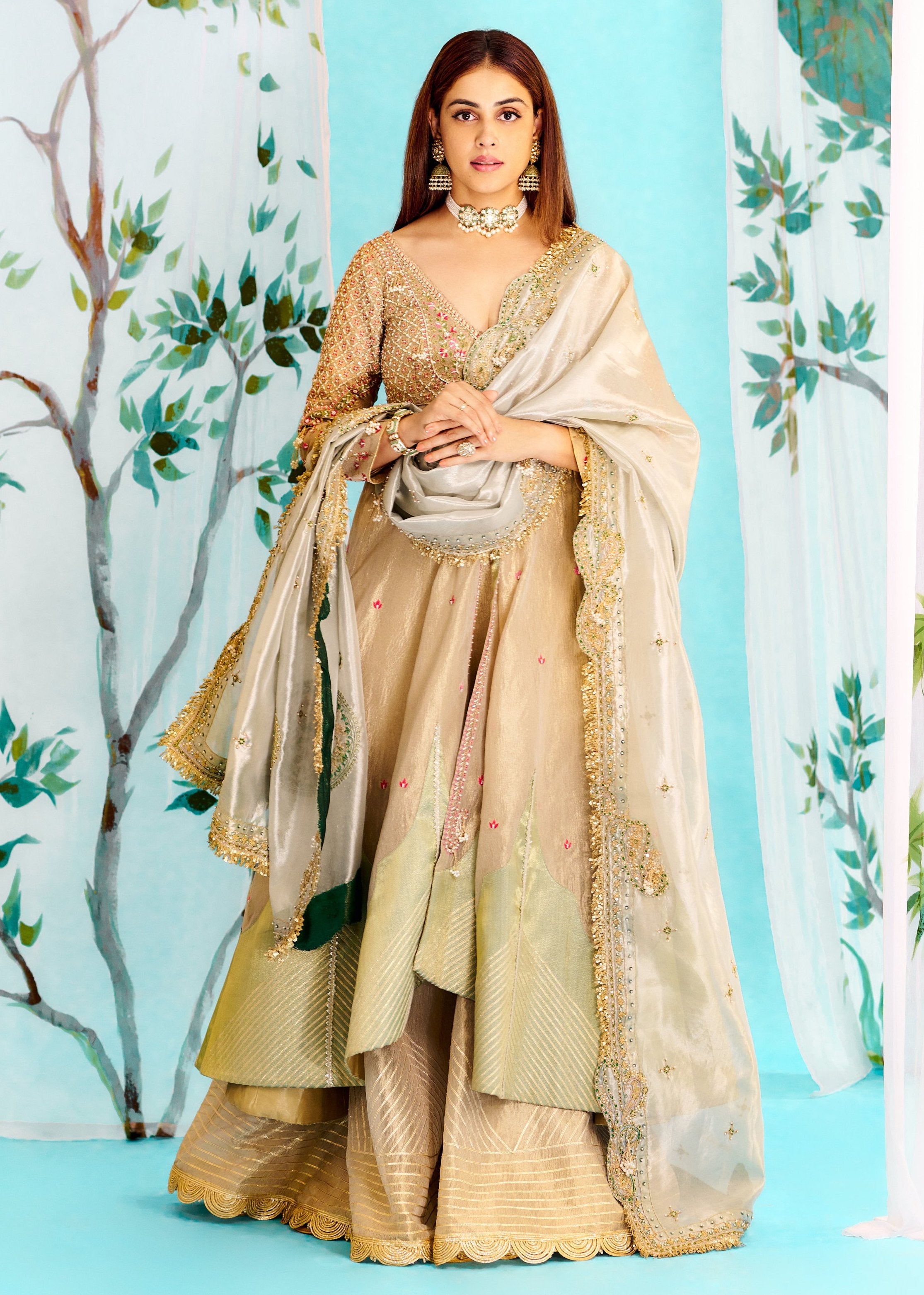 Genelia Deshmukh Pearl ivory silk Zari tissue jacket with sharara and Dupatta