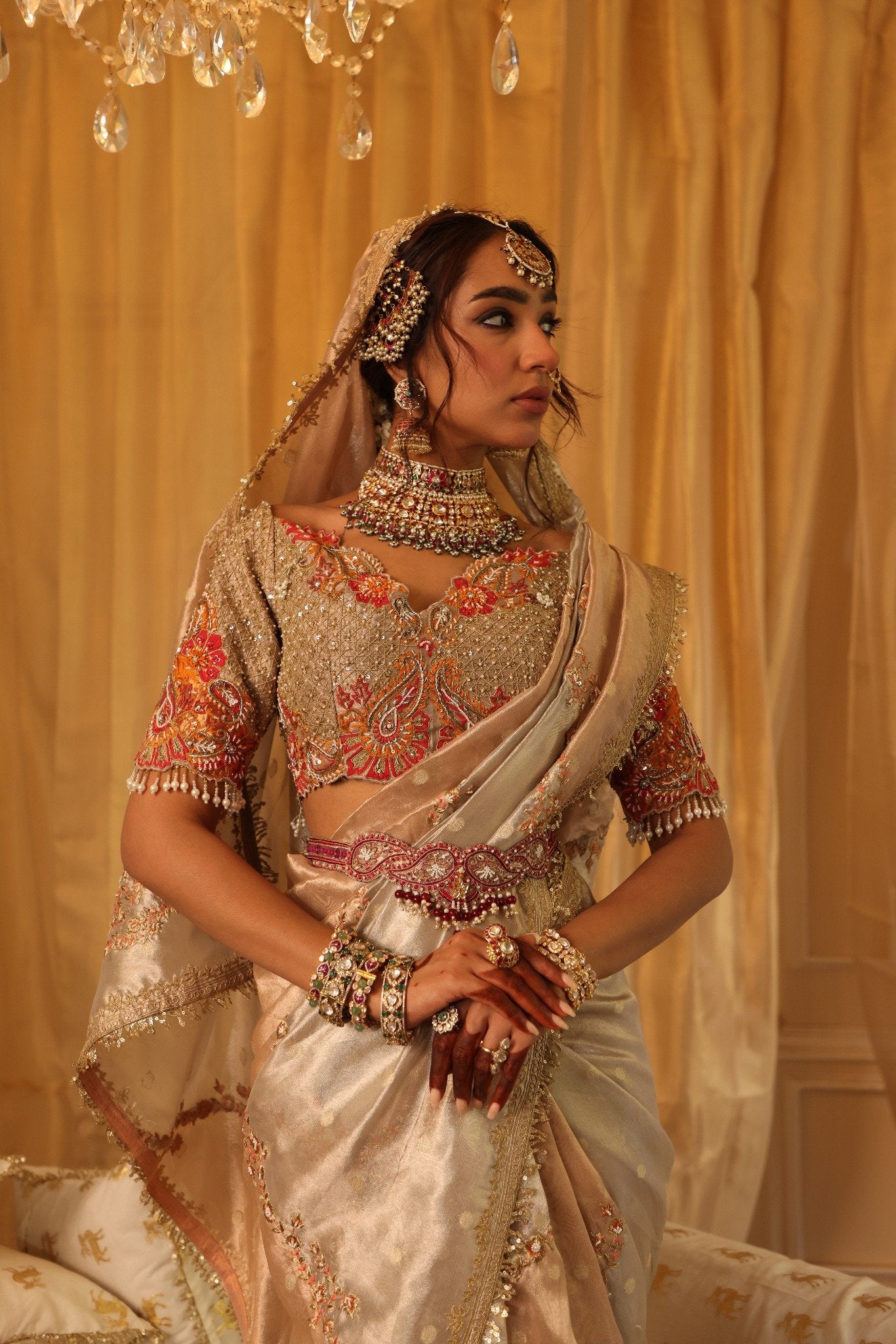 Pearl Gold Pure Zari Tissue Saree Set