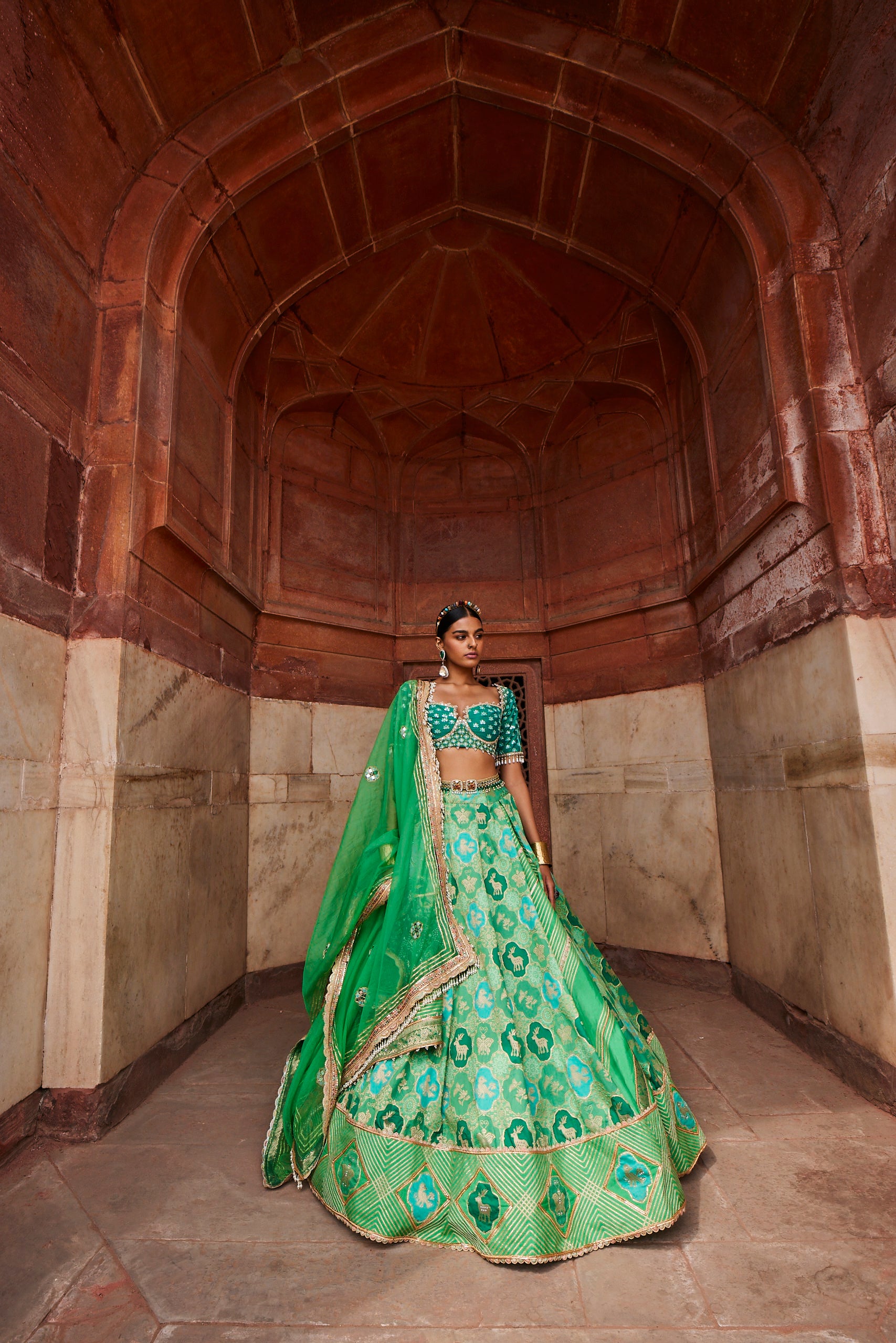 Women's Green Banarsi Woven Lehenga Set