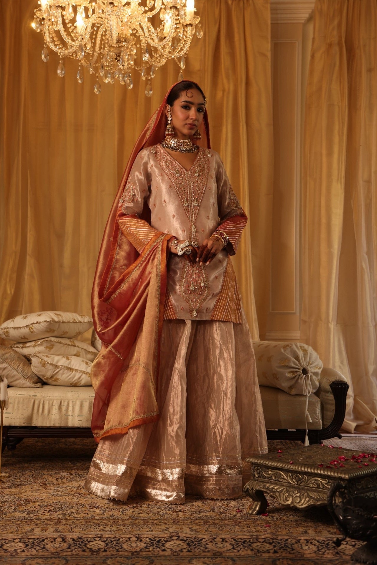 Rose Gold Pure Zari Tissue Short Kurta & Sharara Set