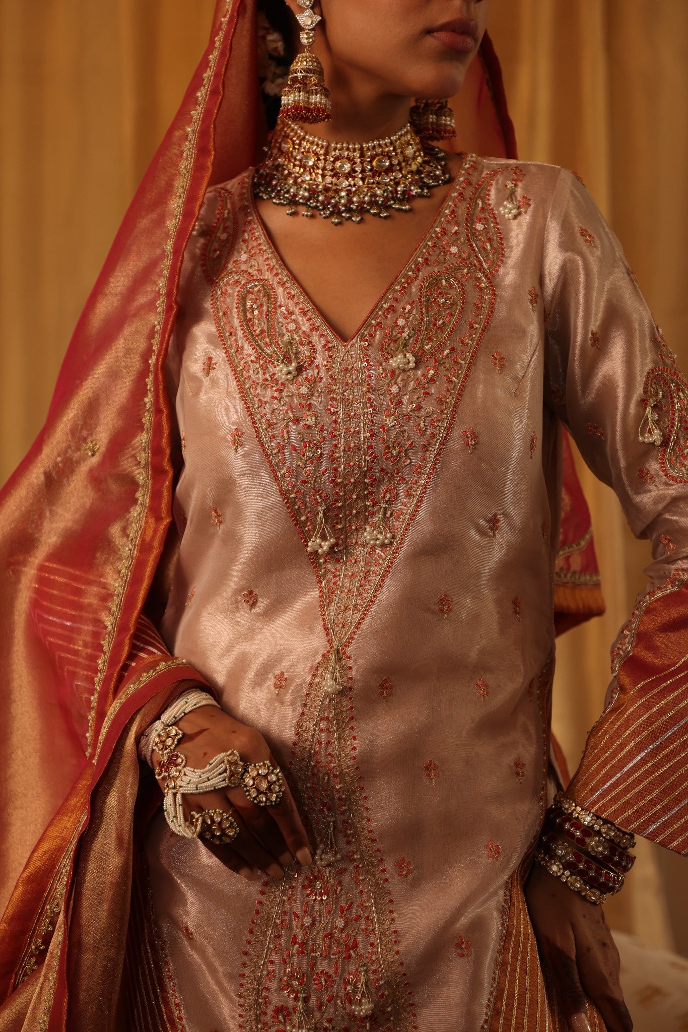 Rose Gold Pure Zari Tissue Short Kurta & Sharara Set