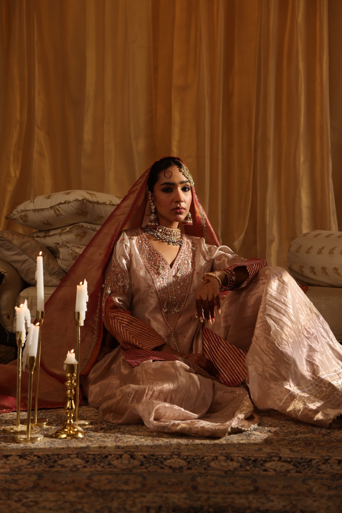 Rose Gold Pure Zari Tissue Short Kurta & Sharara Set
