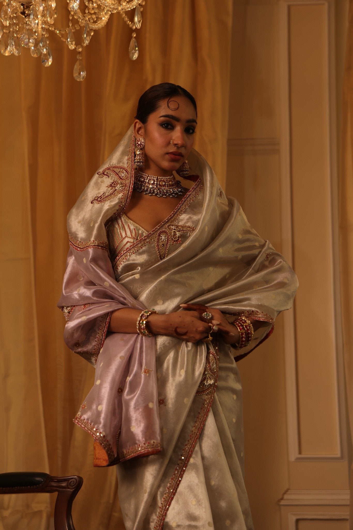 Ivory Pure Zari Tissue Saree Set