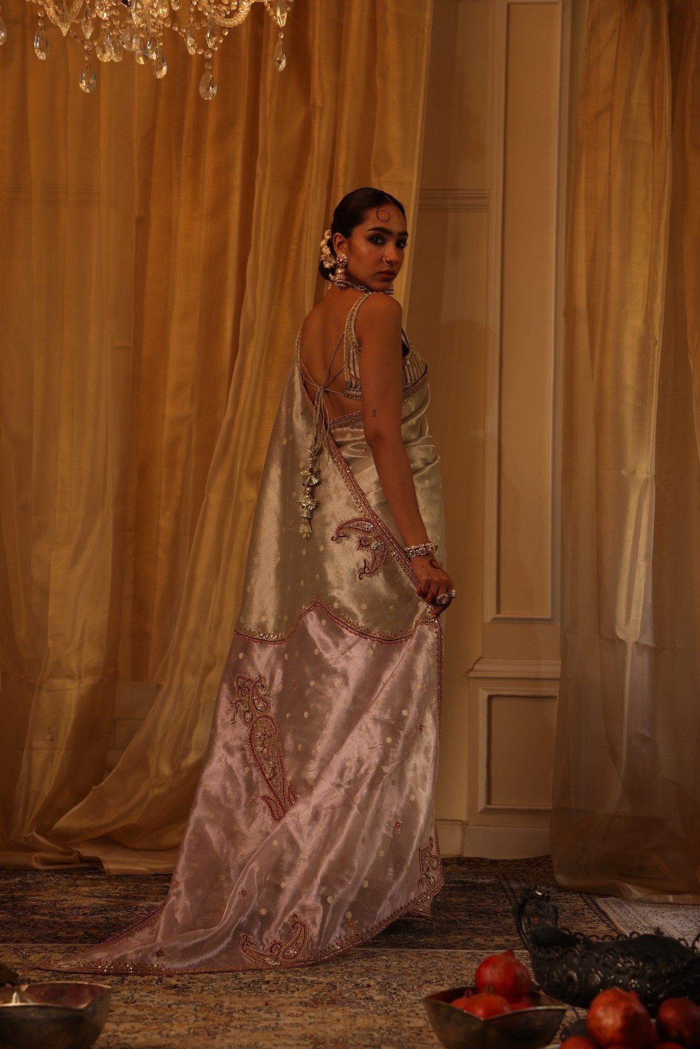 Ivory Pure Zari Tissue Saree Set