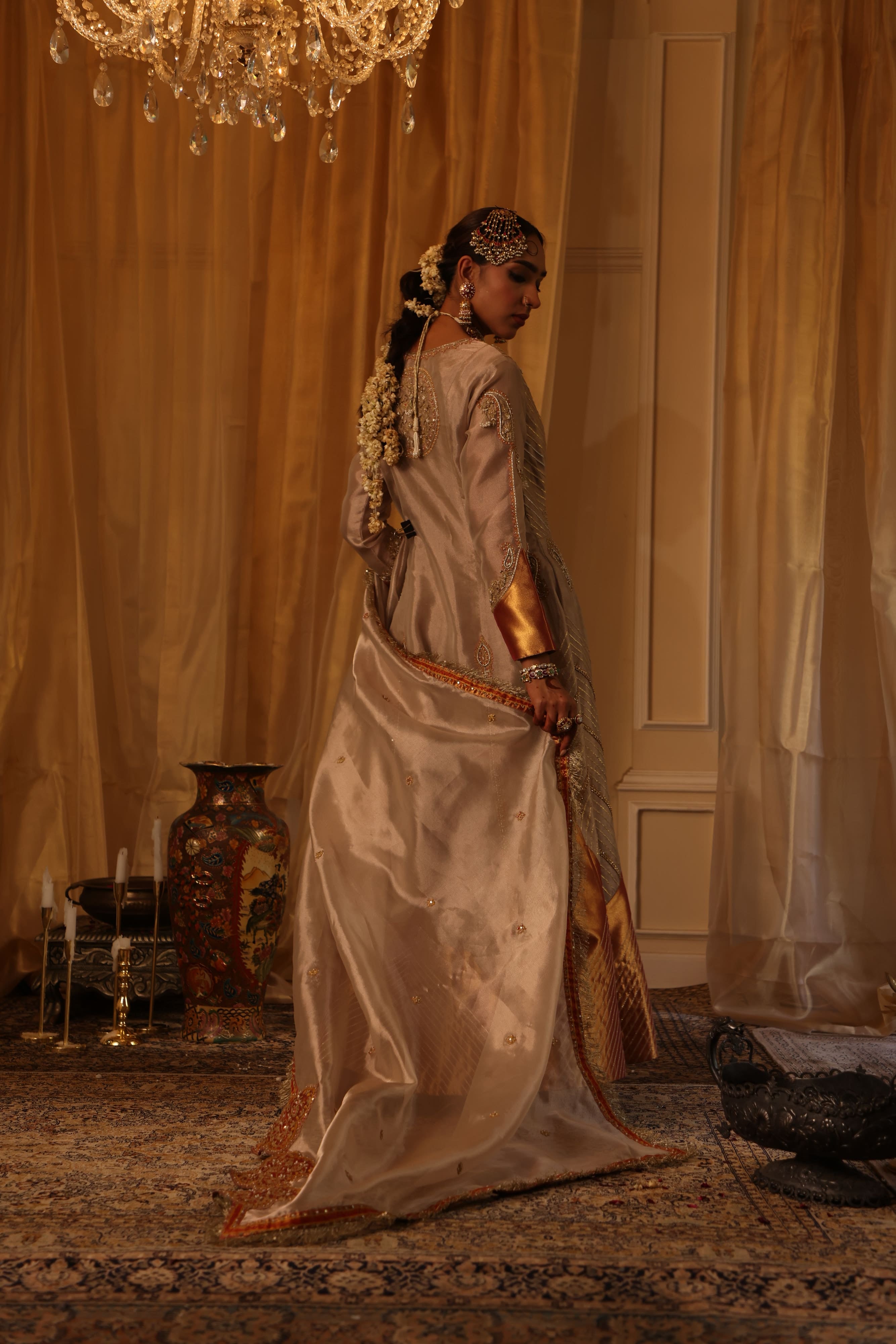 Rose Gold Pure Zari Tissue Anarkali Set
