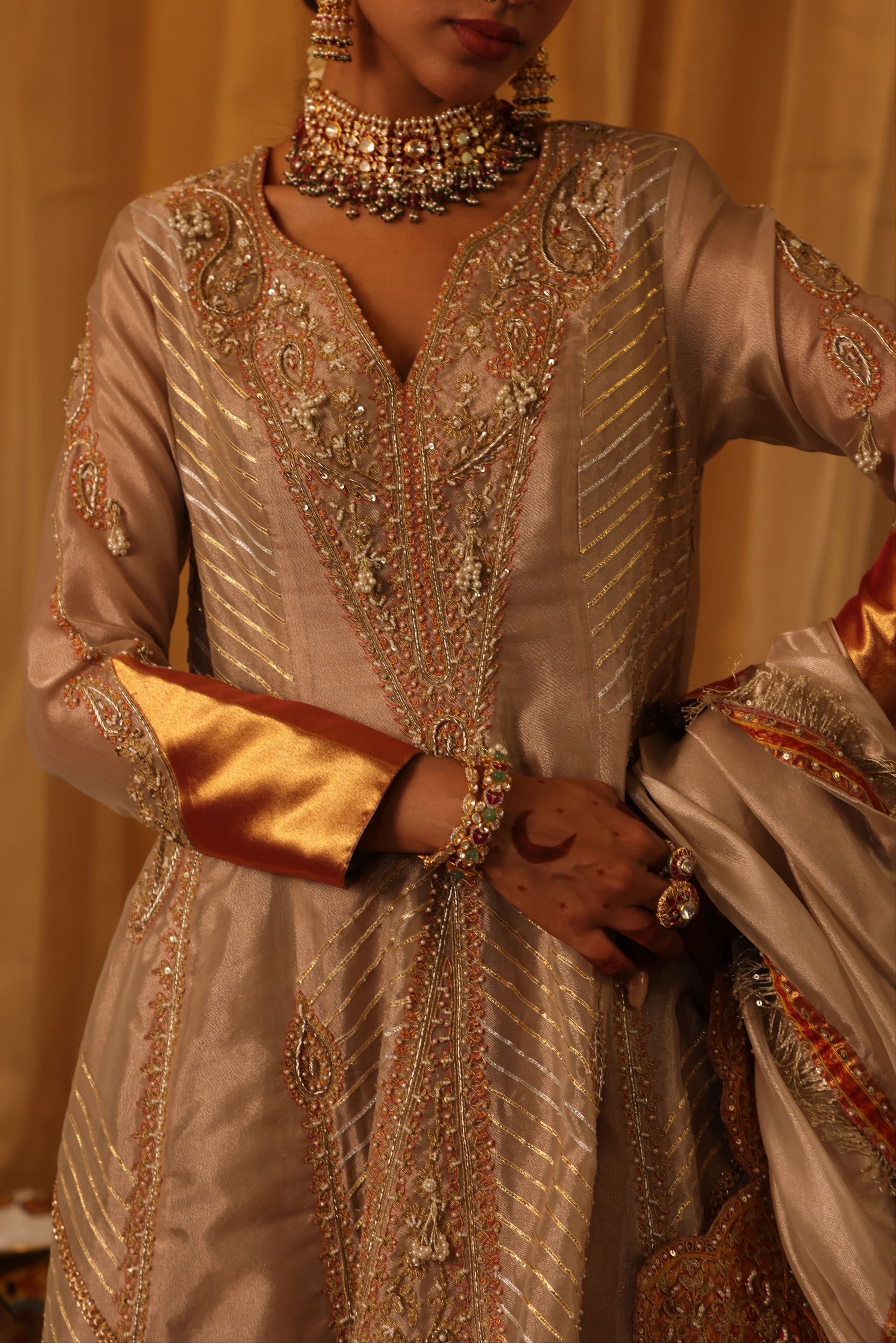 Rose Gold Pure Zari Tissue Anarkali Set