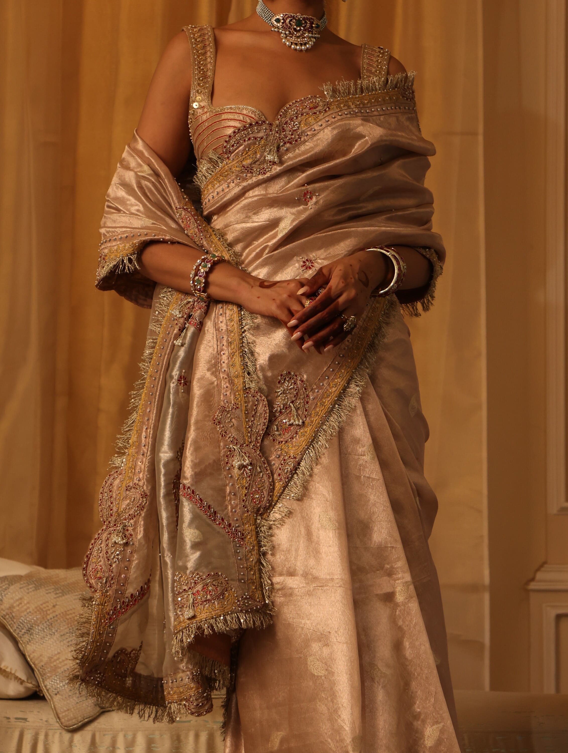 Rose Gold Pure Zari Tissue Saree Set