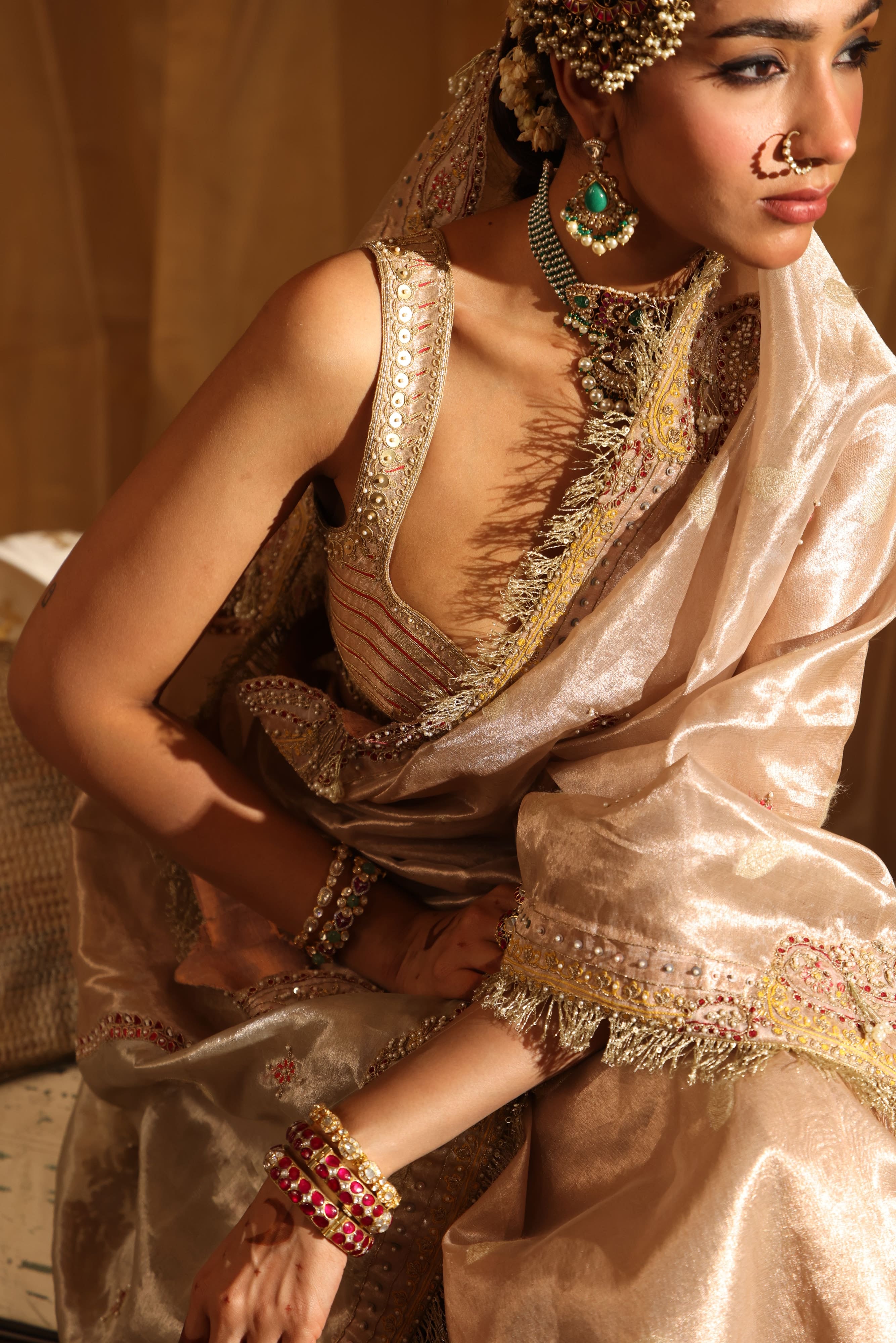 Rose Gold Pure Zari Tissue Saree Set